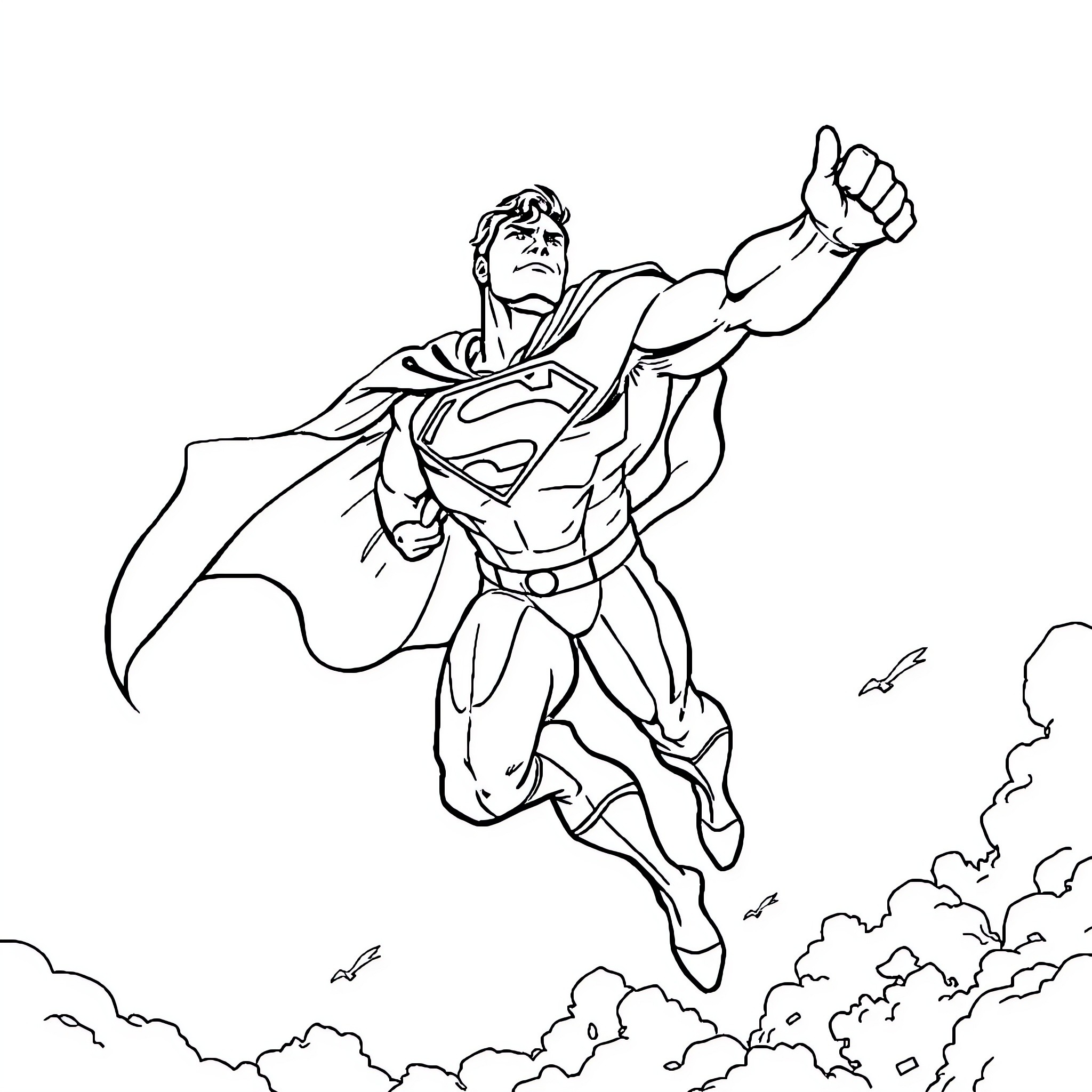 Superman soaring through the skies on a heroic mission Coloring Page (free black-and-white line drawing printable PDF for all, from beginners to advanced learners, including children, teens, adults, and seniors)