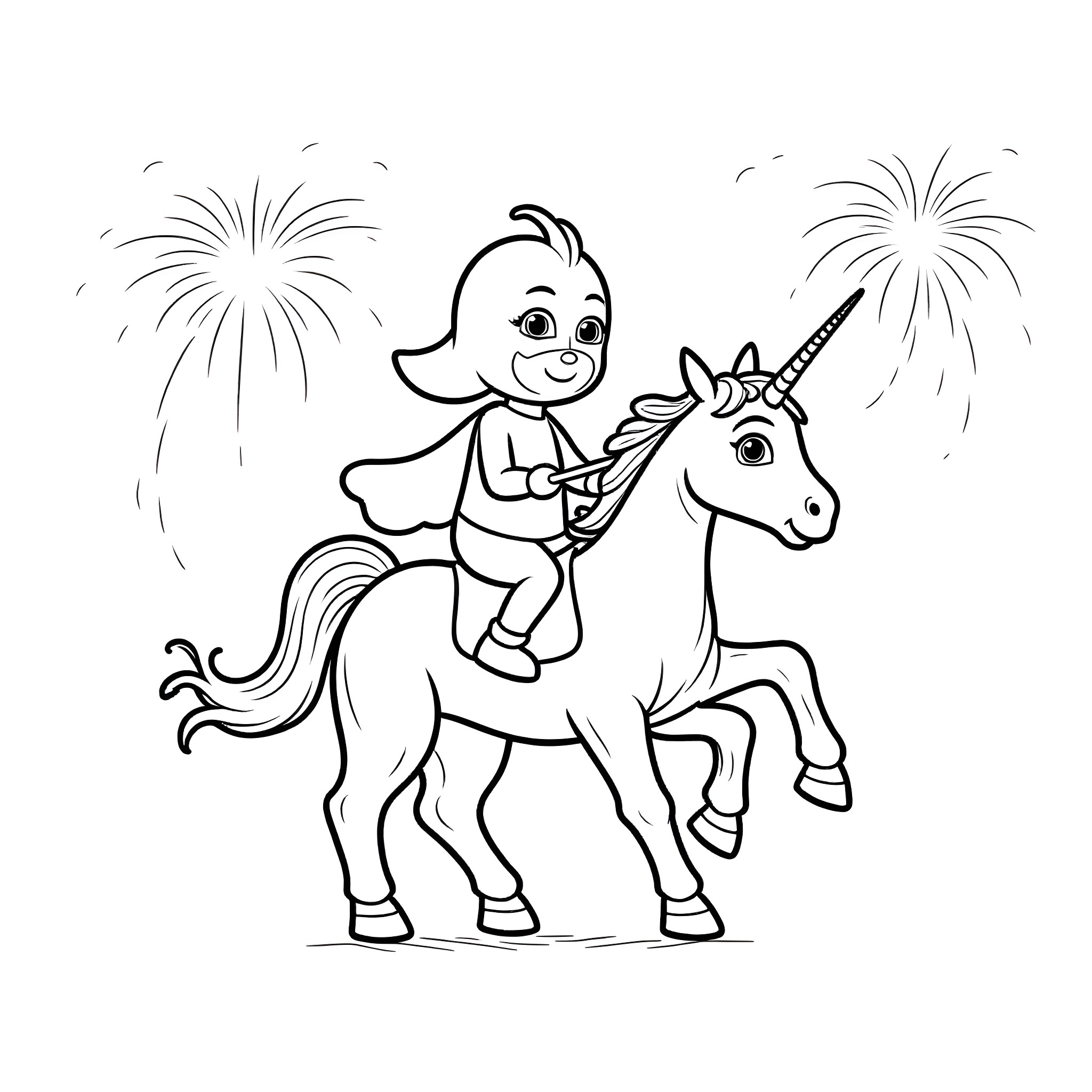 Ghost Spider riding a unicorn with fireworks Coloring Page (free black-and-white line drawing printable PDF for all, from beginners to advanced learners, including children, teens, adults, and seniors)
