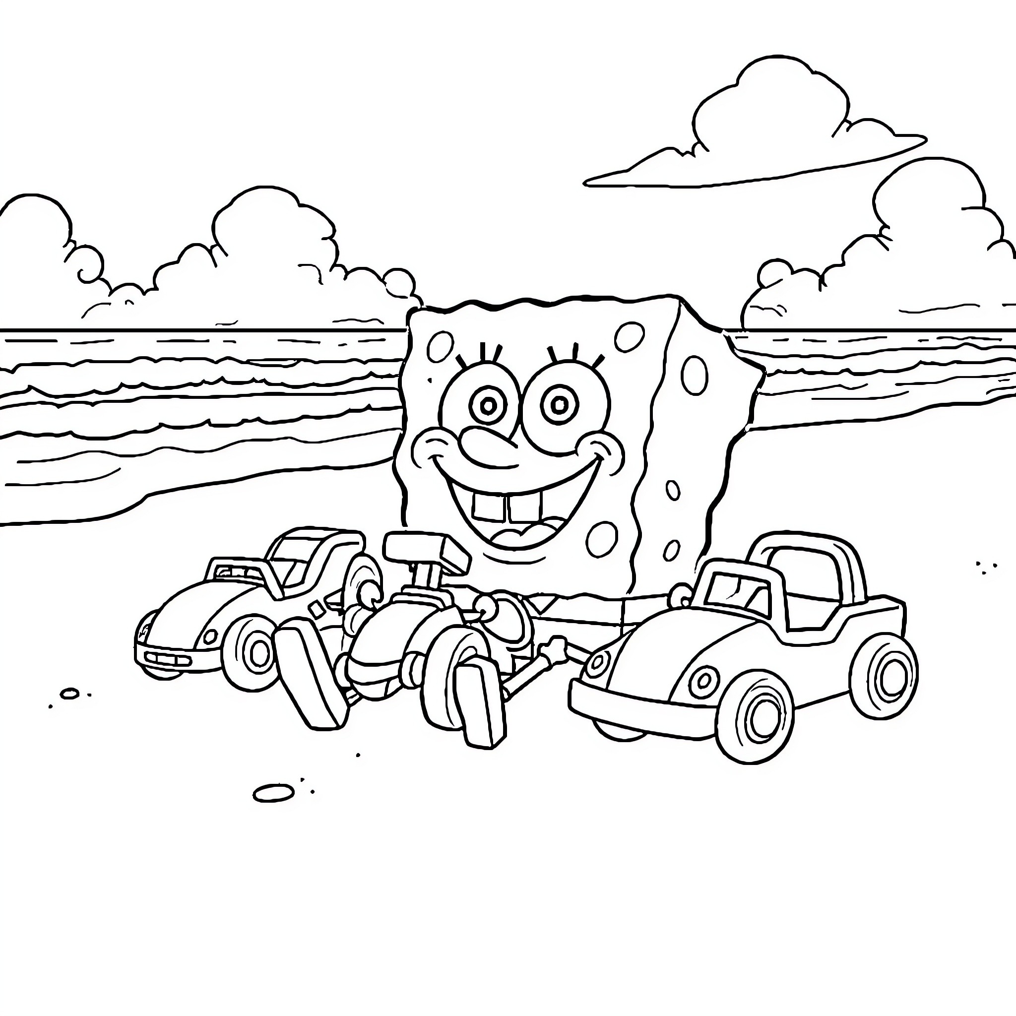 Spongebob's Seaside Adventure with Vehicles Coloring Page (free black-and-white line drawing printable PDF for all, from beginners to advanced learners, including children, teens, adults, and seniors)