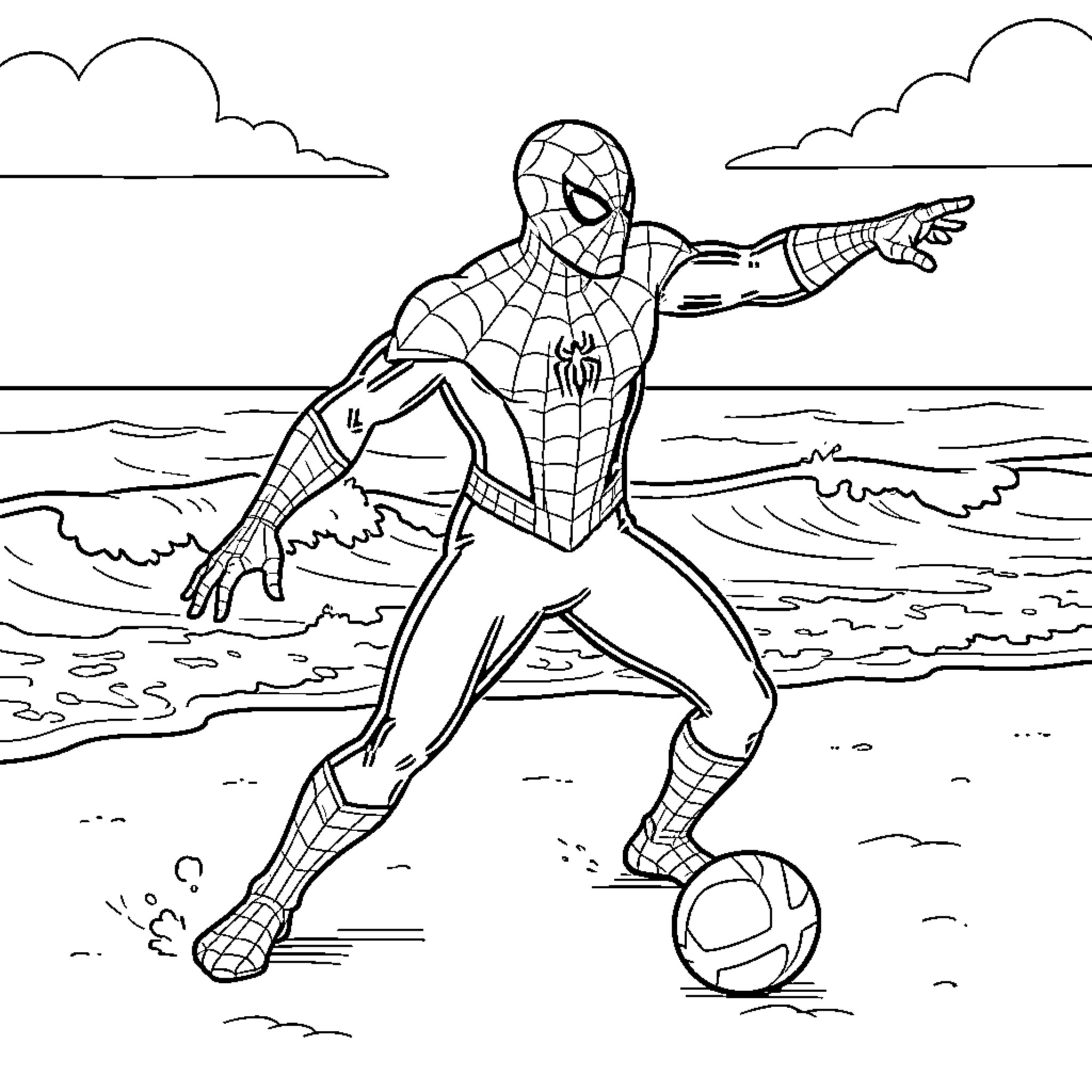 Spiderman playing soccer on the beach Coloring Page (free black-and-white line drawing printable PDF for all, from beginners to advanced learners, including children, teens, adults, and seniors)