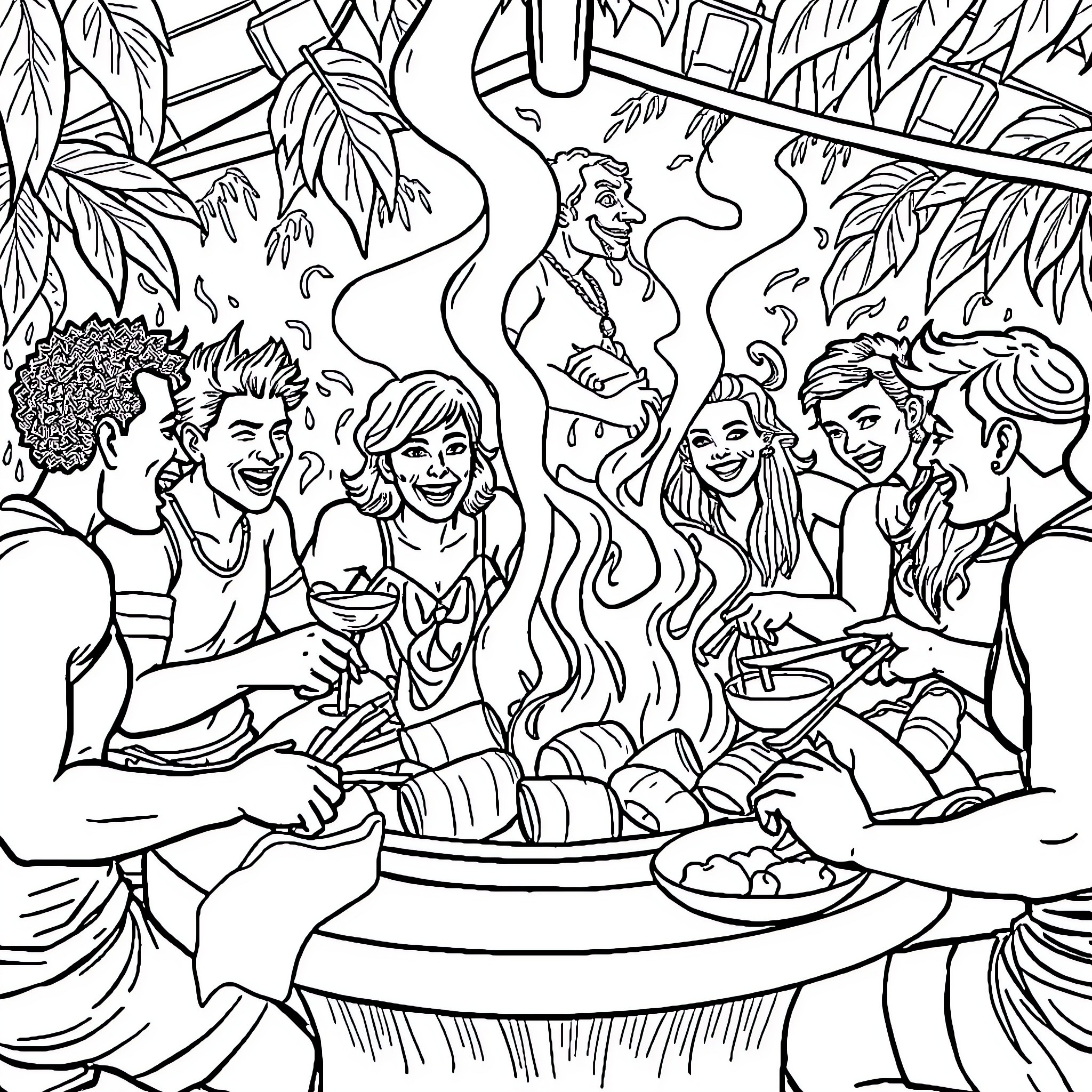Barbecue gathering with joyful friends and family Coloring Page (free black-and-white line drawing printable PDF for all, from beginners to advanced learners, including children, teens, adults, and seniors)