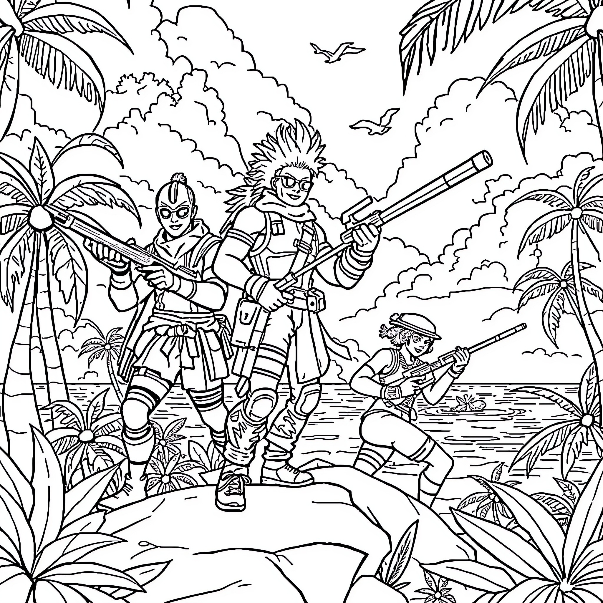 Fortnite characters in tropical battle scene Coloring Page (free black-and-white line drawing printable PDF for all, from beginners to advanced learners, including children, teens, adults, and seniors)