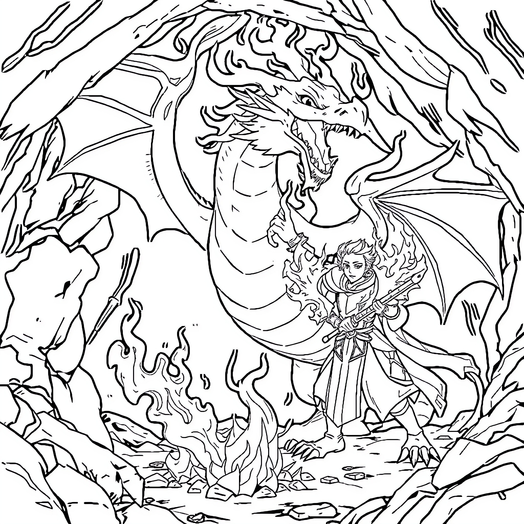 Dragon guarding a heroic warrior in an epic battle Coloring Page (free black-and-white line drawing printable PDF for all, from beginners to advanced learners, including children, teens, adults, and seniors)