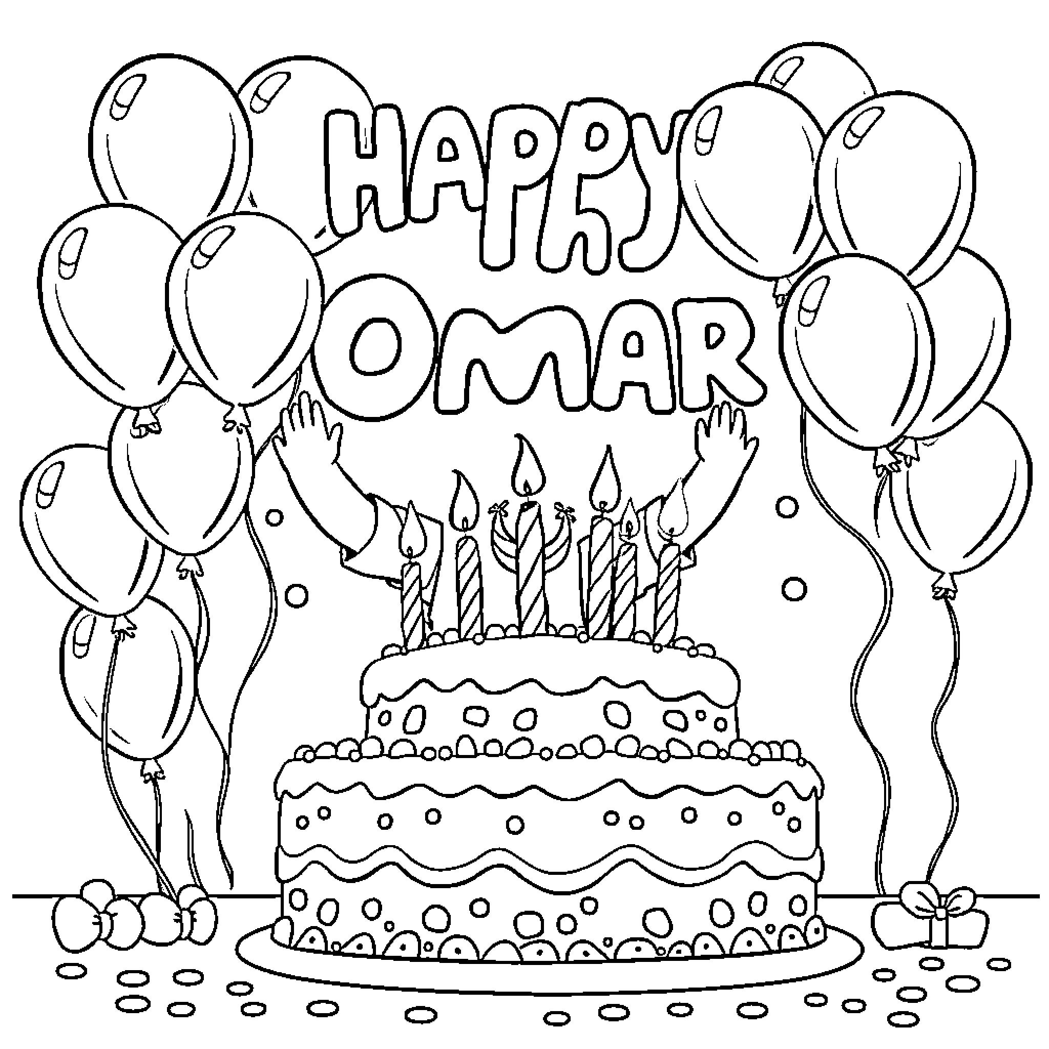 Birthday celebration with cake and balloons Coloring Page (free black-and-white line drawing printable PDF for all, from beginners to advanced learners, including children, teens, adults, and seniors)