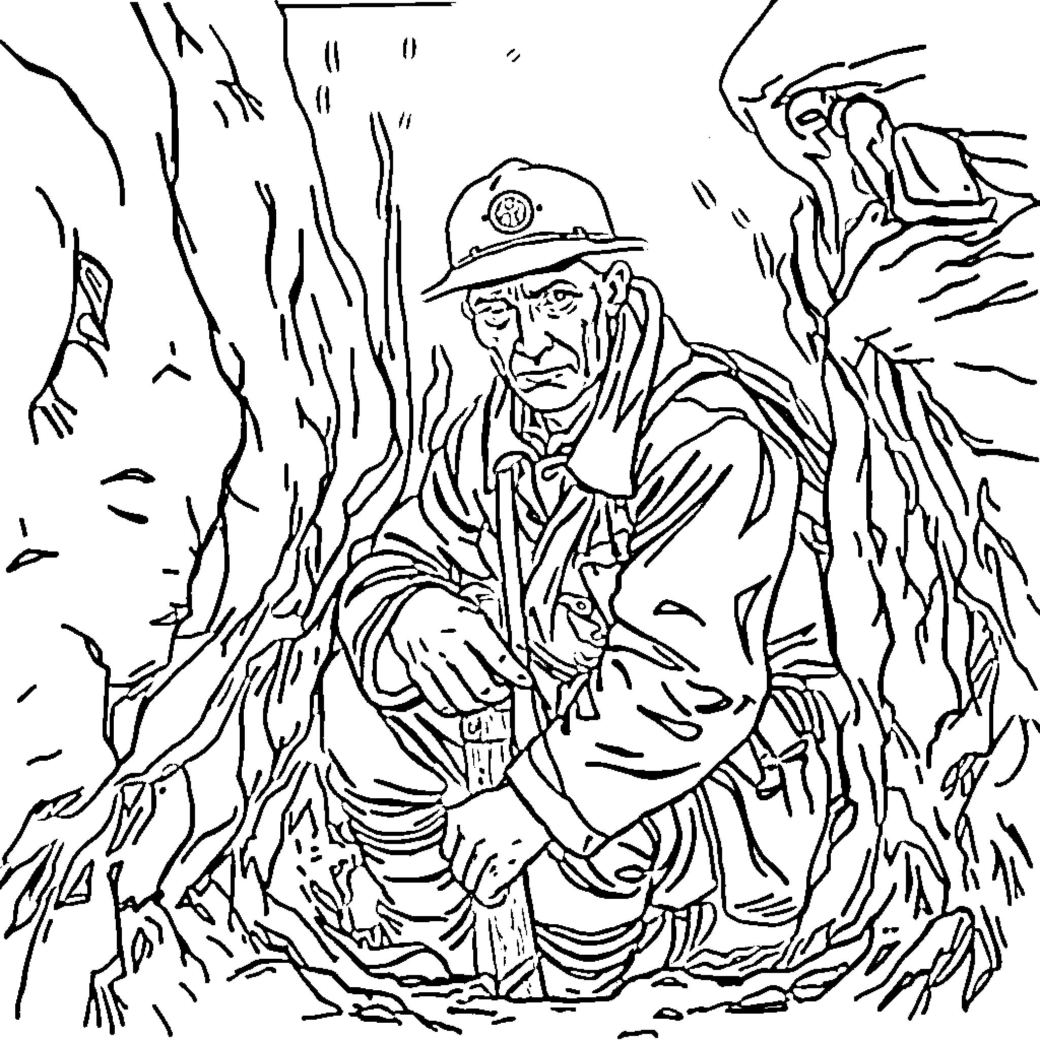Soldier trudging through difficult terrain Coloring Page (free black-and-white line drawing printable PDF for all, from beginners to advanced learners, including children, teens, adults, and seniors)