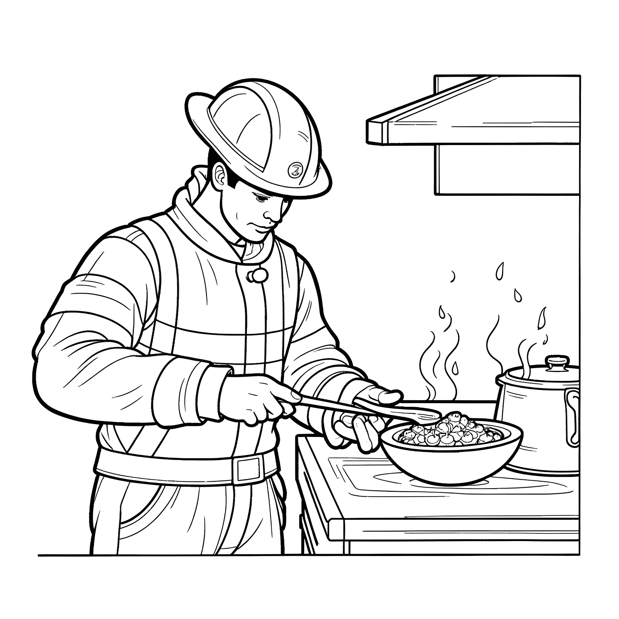 Firefighter cooking a meal in the kitchen Coloring Page (free black-and-white line drawing printable PDF for all, from beginners to advanced learners, including children, teens, adults, and seniors)