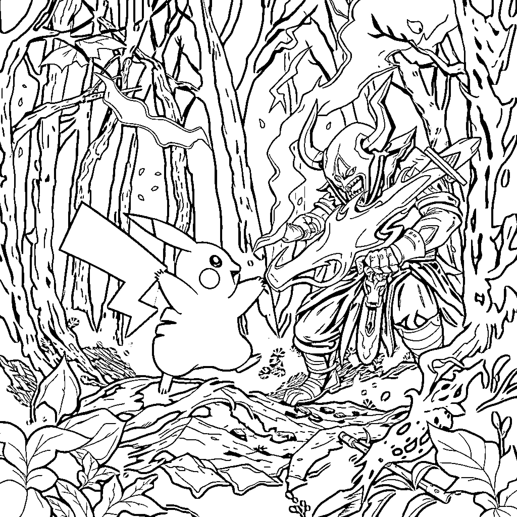 Pikachu battling a monstrous creature in a dark forest Coloring Page (free black-and-white line drawing printable PDF for all, from beginners to advanced learners, including children, teens, adults, and seniors)