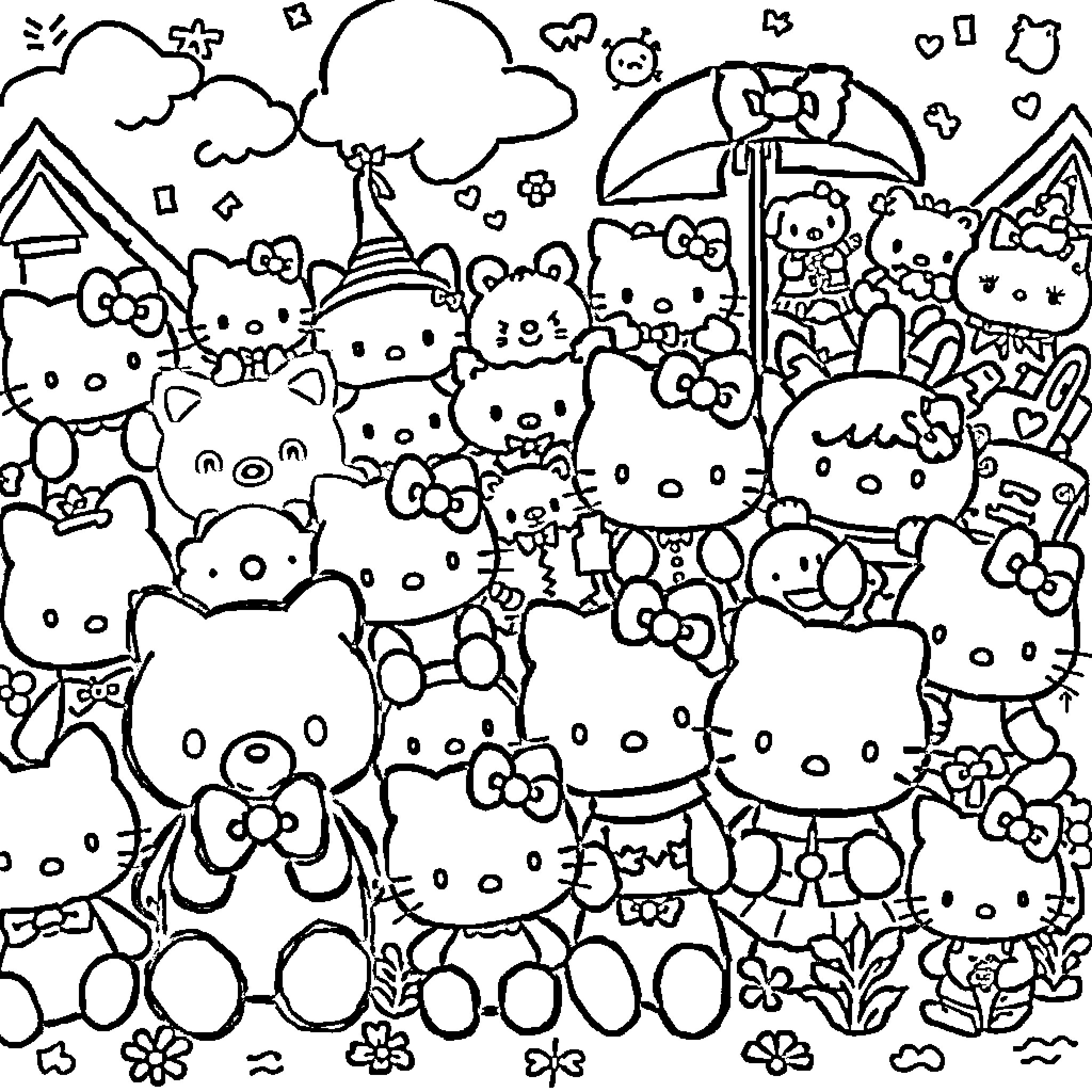Sanrio Characters in a Whimsical Wonderland Coloring Page (free black-and-white line drawing printable PDF for all, from beginners to advanced learners, including children, teens, adults, and seniors)