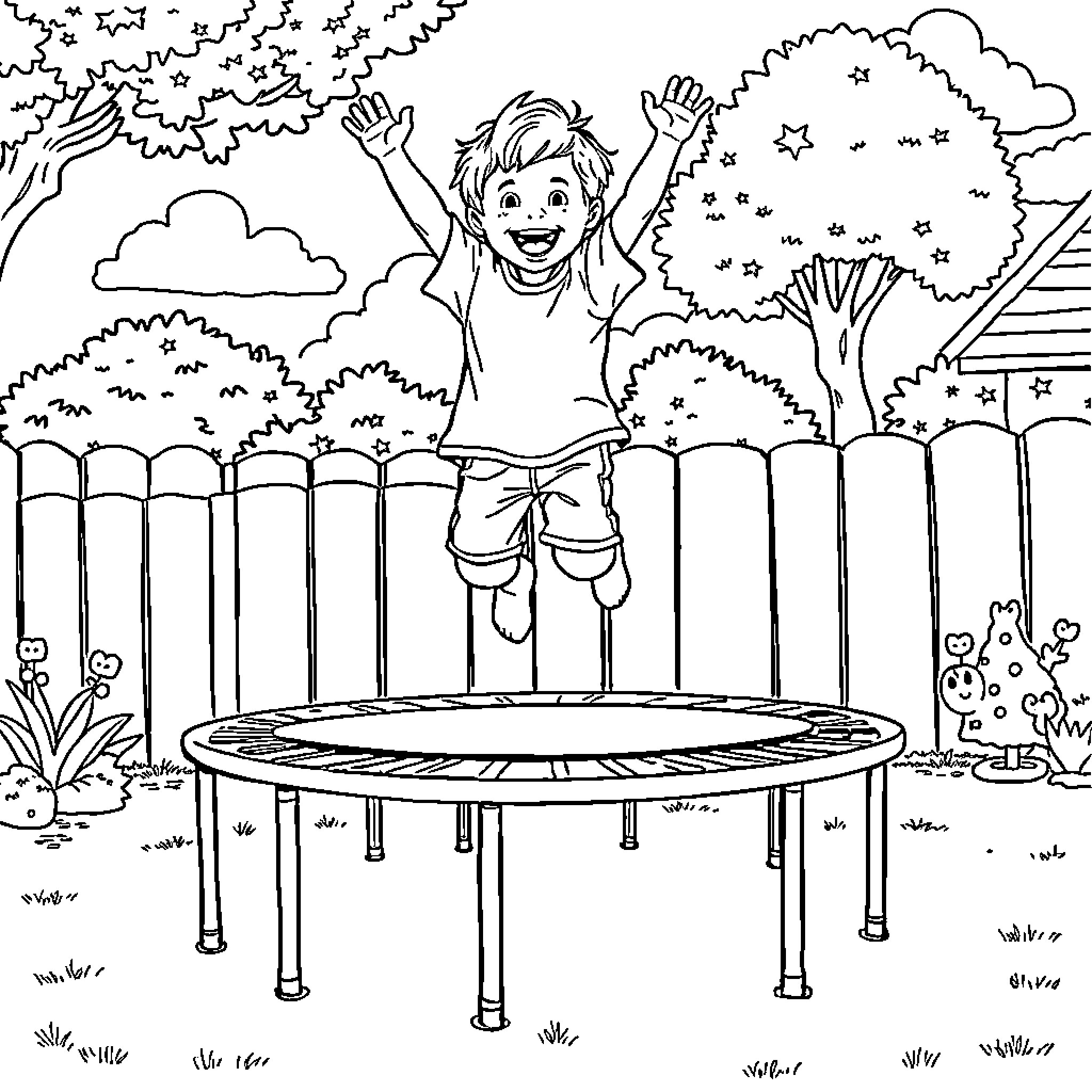 Child joyfully jumping on trampoline in backyard Coloring Page (free black-and-white line drawing printable PDF for all, from beginners to advanced learners, including children, teens, adults, and seniors)