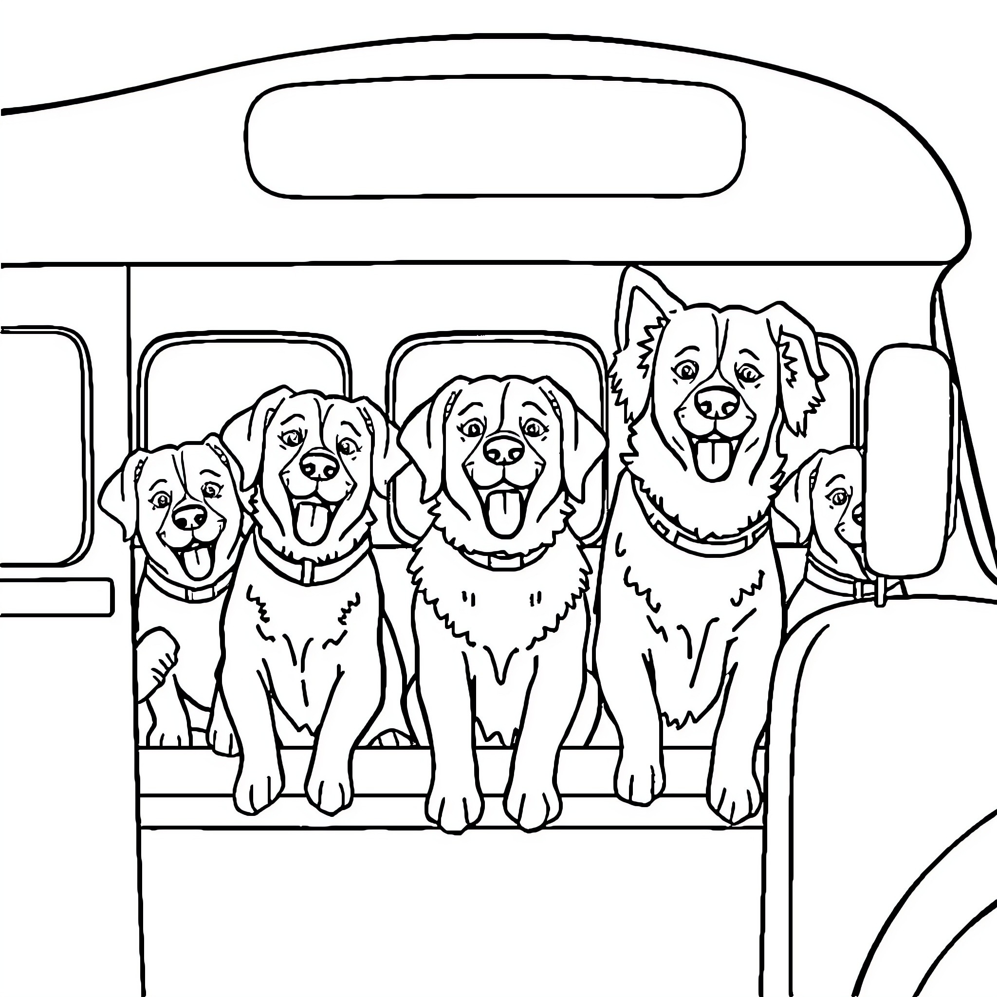 Dogs enjoying a ride in the car Coloring Page (free black-and-white line drawing printable PDF for all, from beginners to advanced learners, including children, teens, adults, and seniors)