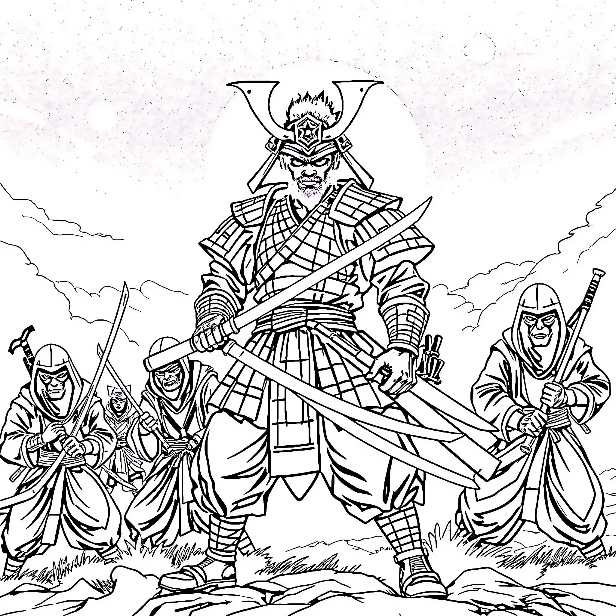 Samurai warriors in fierce battle formation Coloring Page (free black-and-white line drawing printable PDF for all, from beginners to advanced learners, including children, teens, adults, and seniors)