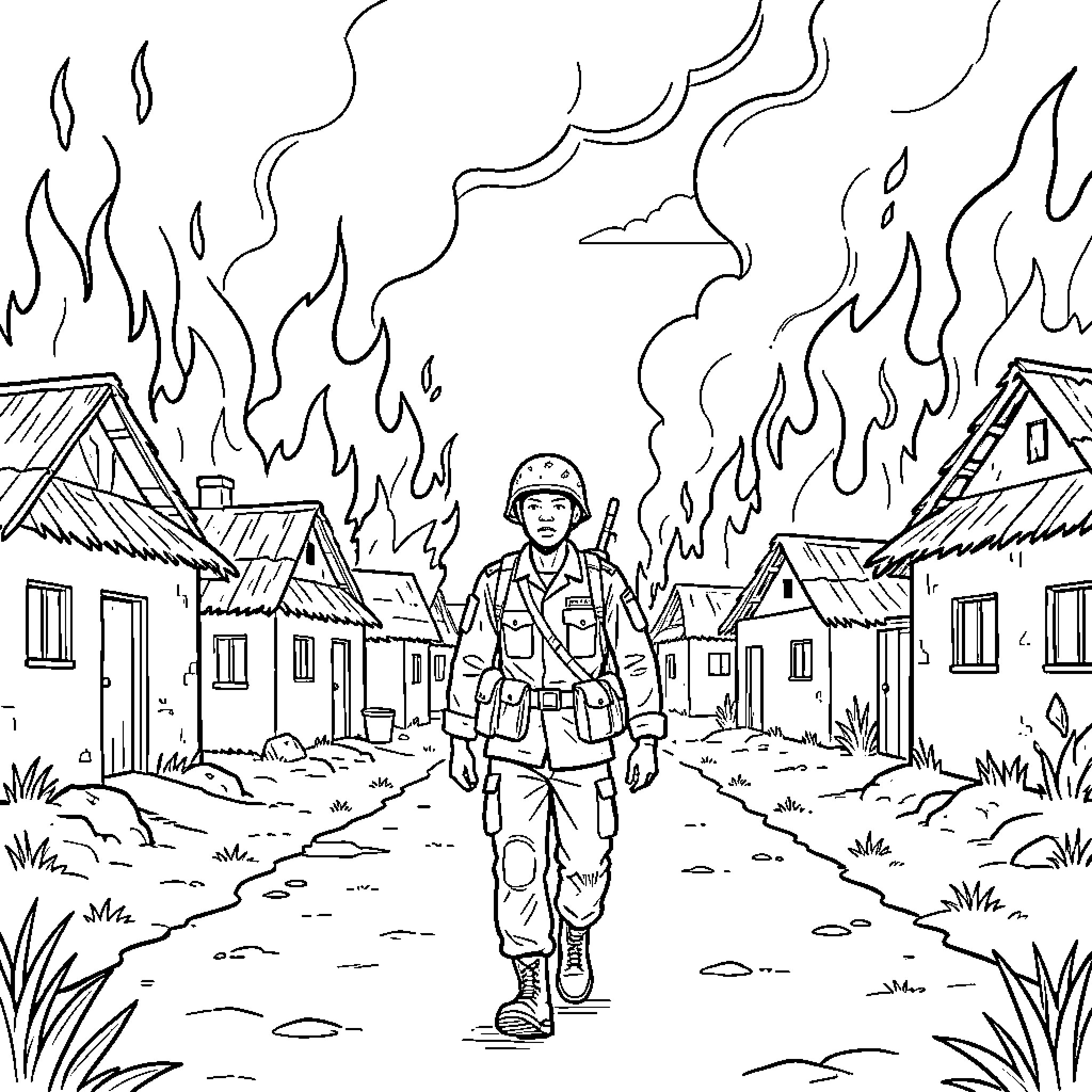 Boy in firefighter uniform walks through burning town Coloring Page (free black-and-white line drawing printable PDF for all, from beginners to advanced learners, including children, teens, adults, and seniors)