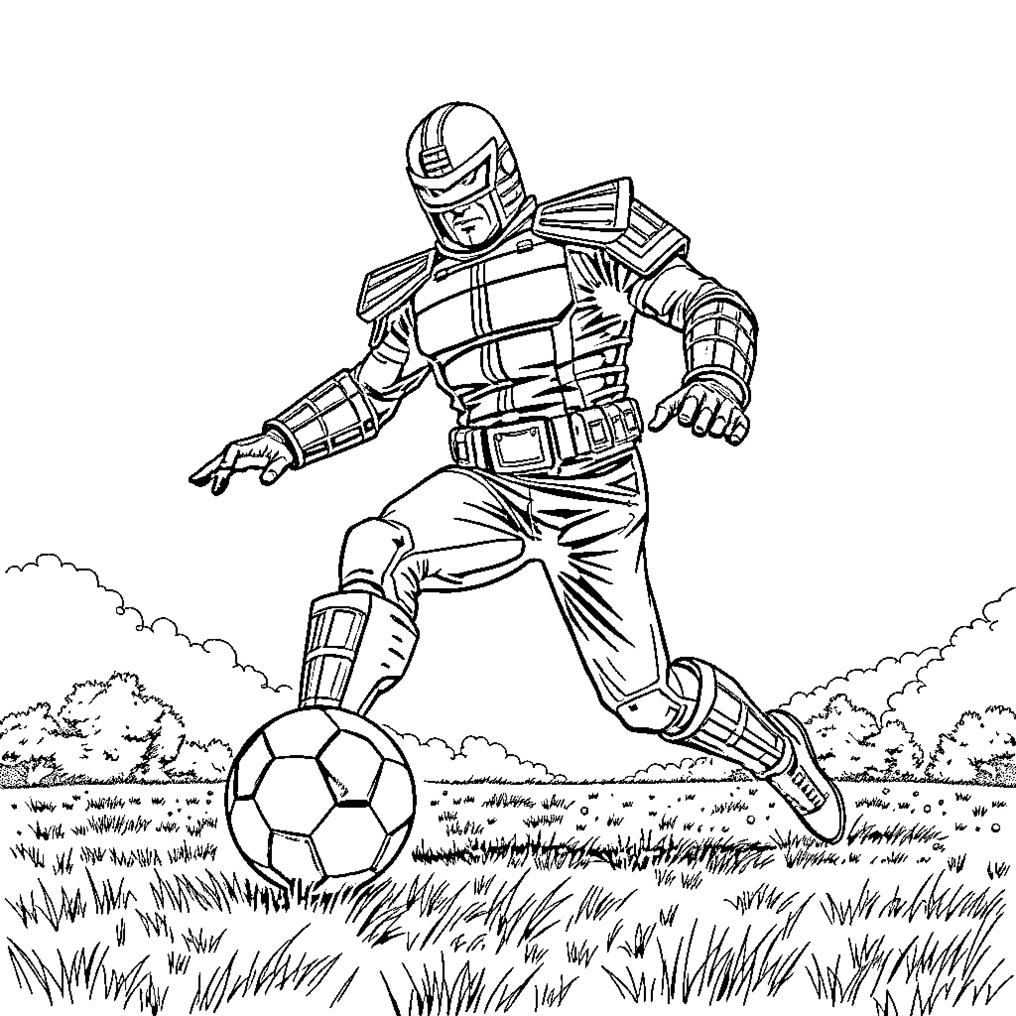 Judge Dredd kicking a soccer ball in a grassy field Coloring Page (free black-and-white line drawing printable PDF for all, from beginners to advanced learners, including children, teens, adults, and seniors)