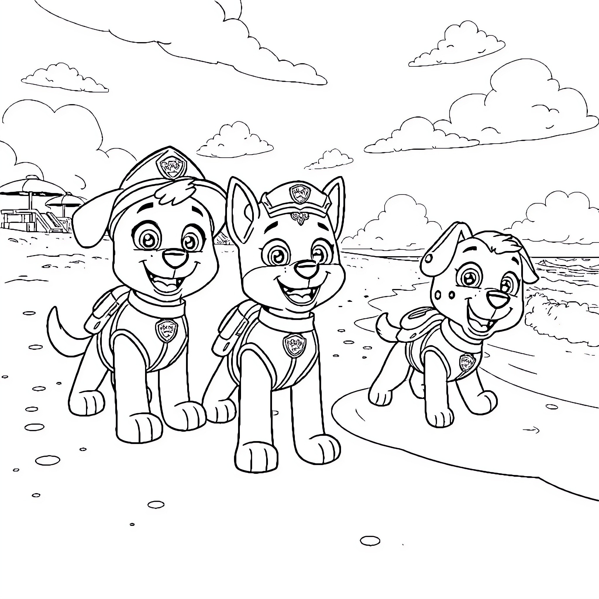 Paw Patrol Puppies on a Beach Adventure Coloring Page (free black-and-white line drawing printable PDF for all, from beginners to advanced learners, including children, teens, adults, and seniors)