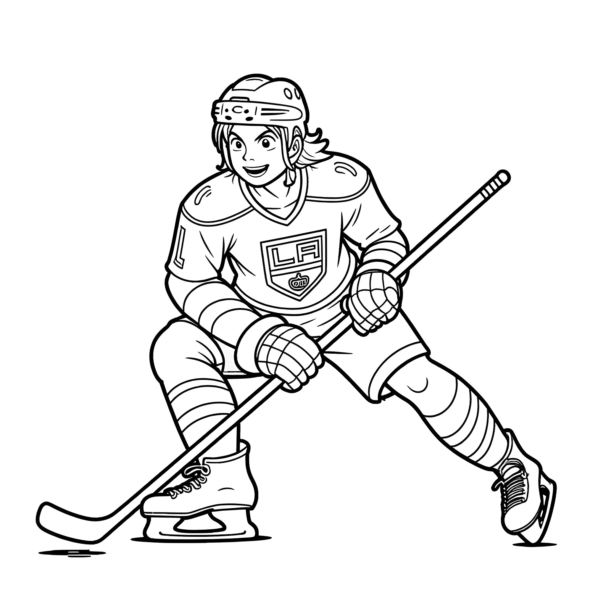 Luffy the hockey player skating with determination Coloring Page (free black-and-white line drawing printable PDF for all, from beginners to advanced learners, including children, teens, adults, and seniors)