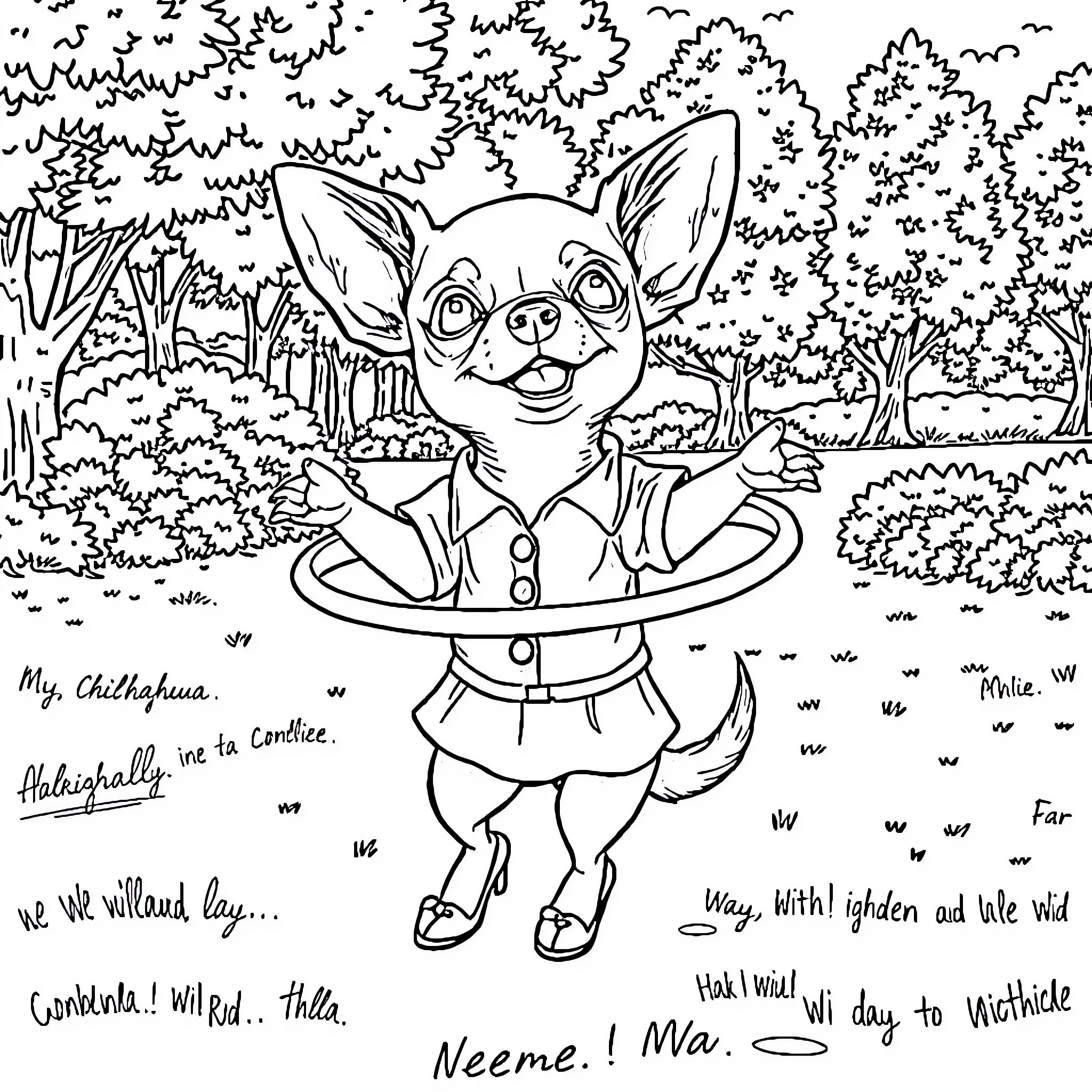 Chihuahua happily walking in the forest Coloring Page (free black-and-white line drawing printable PDF for all, from beginners to advanced learners, including children, teens, adults, and seniors)