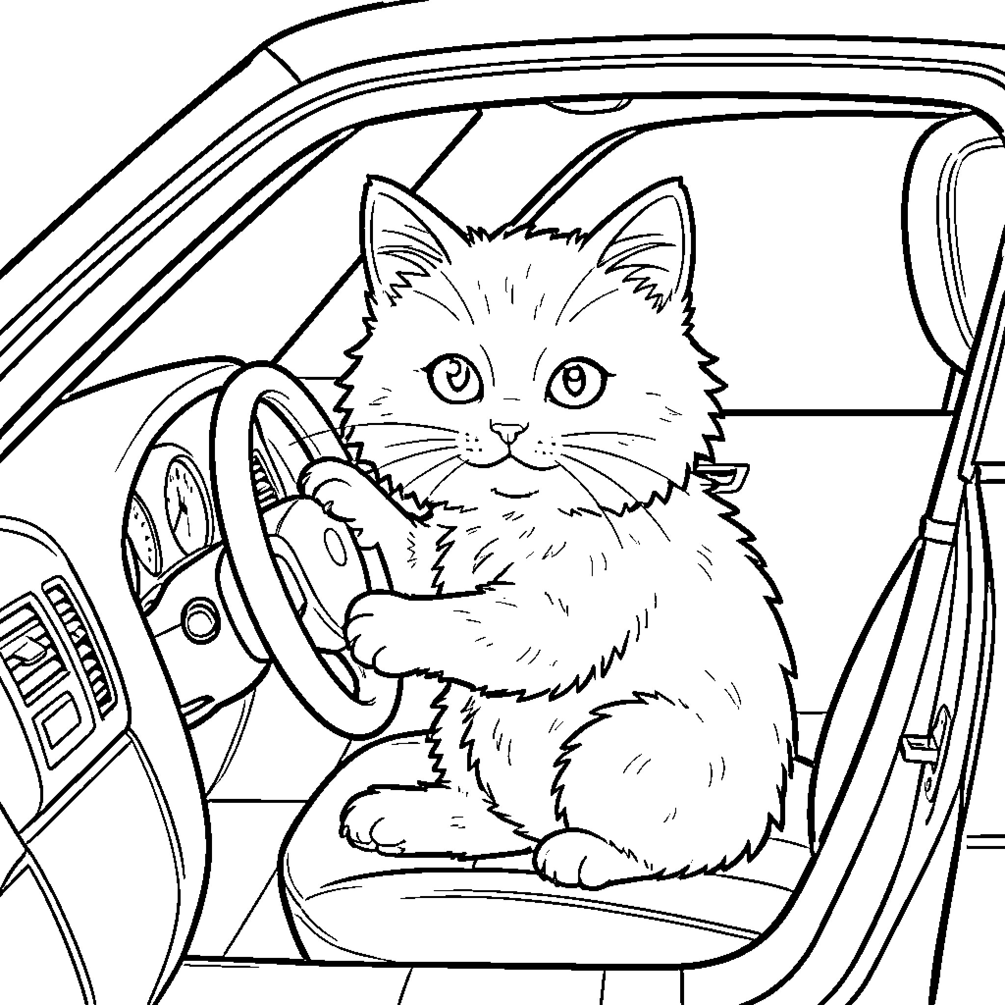Cat driving car in the vehicle Coloring Page (free black-and-white line drawing printable PDF for all, from beginners to advanced learners, including children, teens, adults, and seniors)