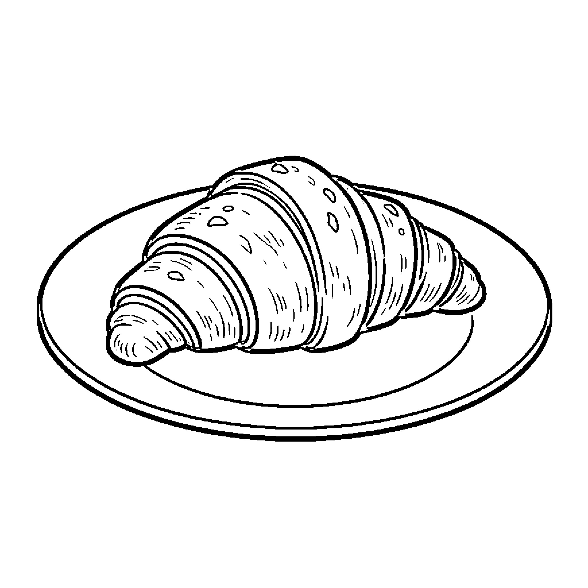 Croissant resting on a simple plate Coloring Page (free black-and-white line drawing printable PDF for all, from beginners to advanced learners, including children, teens, adults, and seniors)
