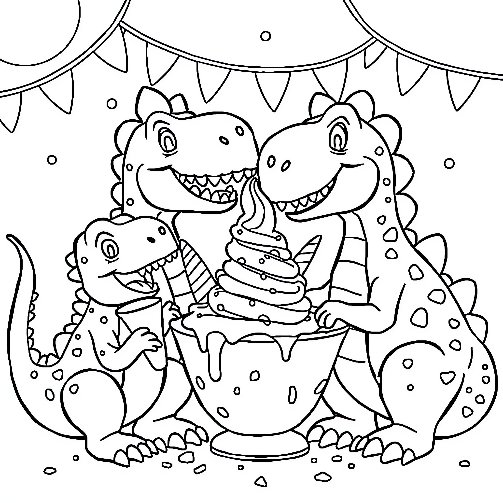 Dinosaurs celebrating a party with a cake Coloring Page (free black-and-white line drawing printable PDF for all, from beginners to advanced learners, including children, teens, adults, and seniors)