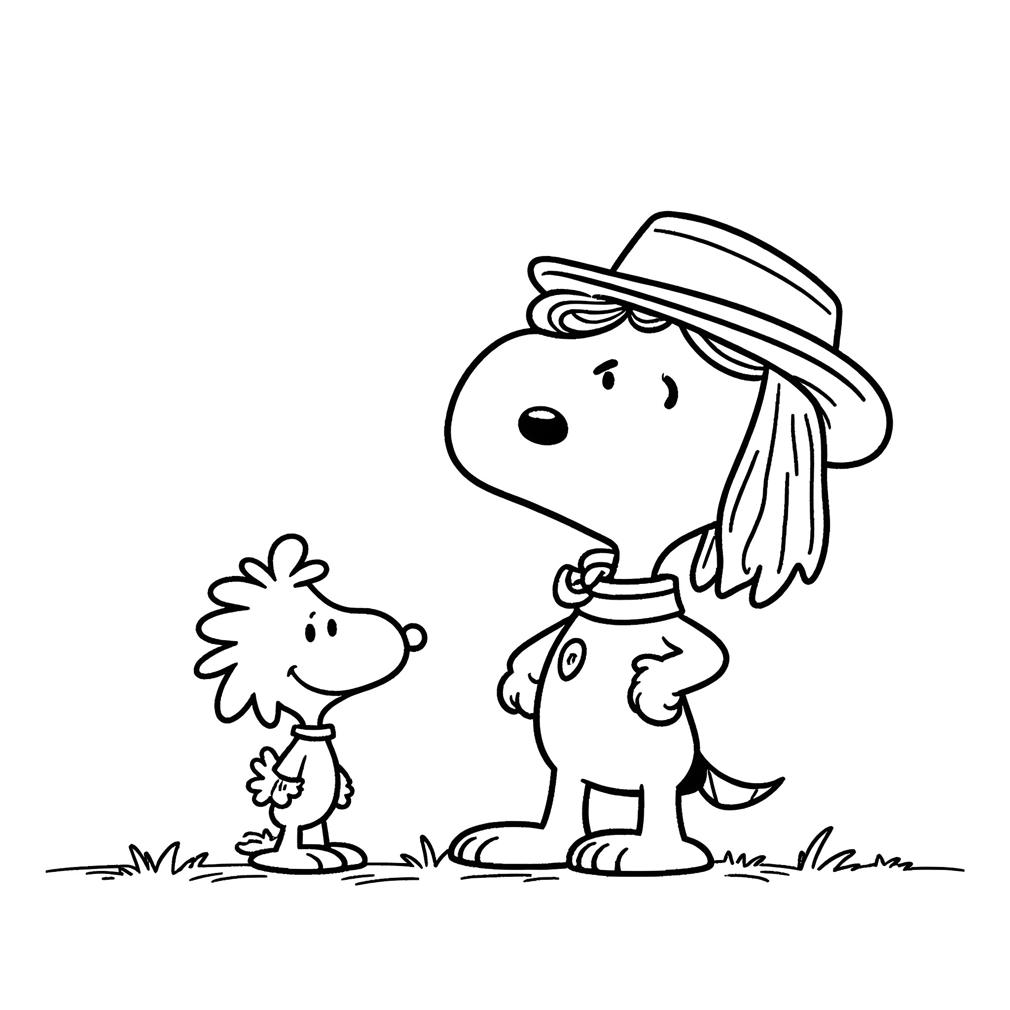 Snoopy and Woodstock enjoying the outdoors Coloring Page (free black-and-white line drawing printable PDF for all, from beginners to advanced learners, including children, teens, adults, and seniors)