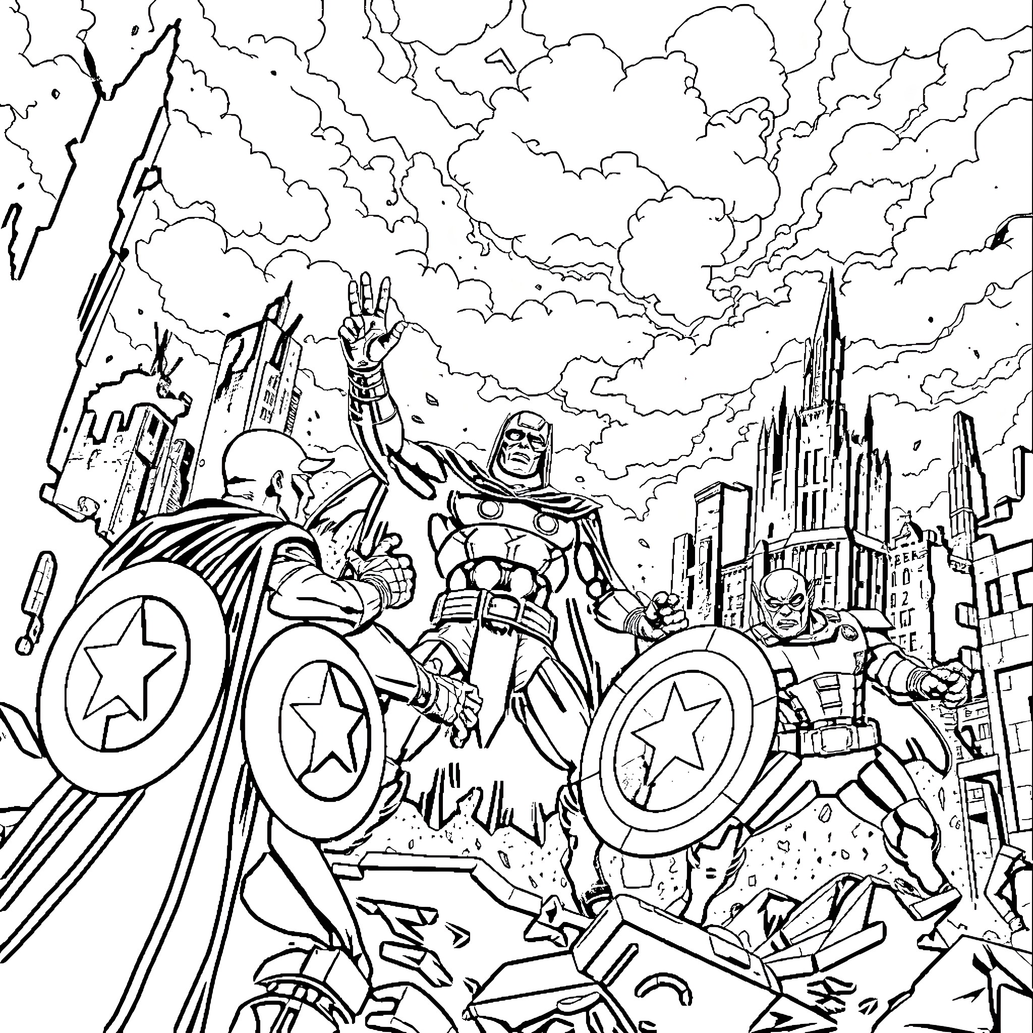 Avengers Assemble for Heroic Action in the City Coloring Page (free black-and-white line drawing printable PDF for all, from beginners to advanced learners, including children, teens, adults, and seniors)
