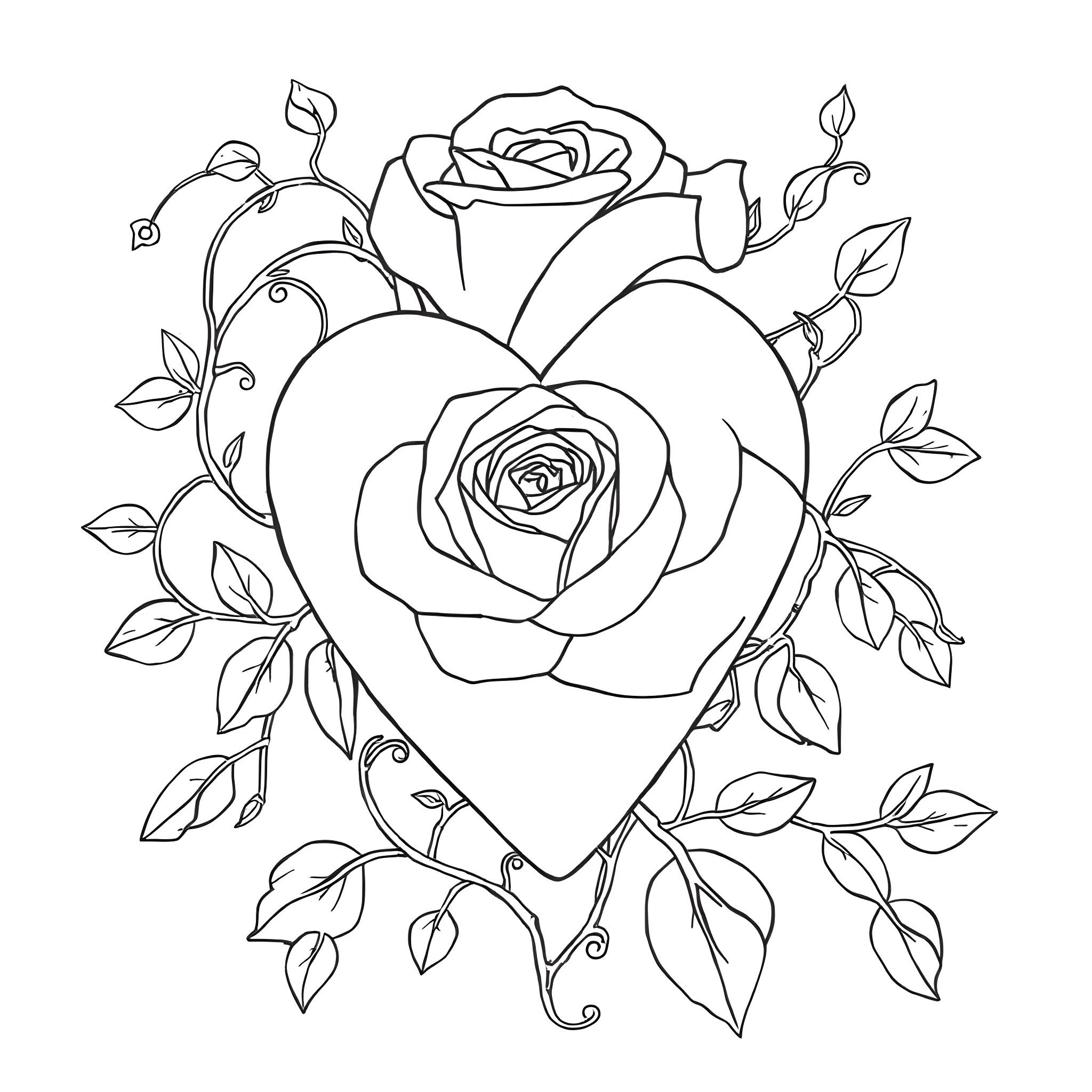 Heart Filled with Beautiful Roses and Swirling Vines Coloring Page (free black-and-white line drawing printable PDF for all, from beginners to advanced learners, including children, teens, adults, and seniors)