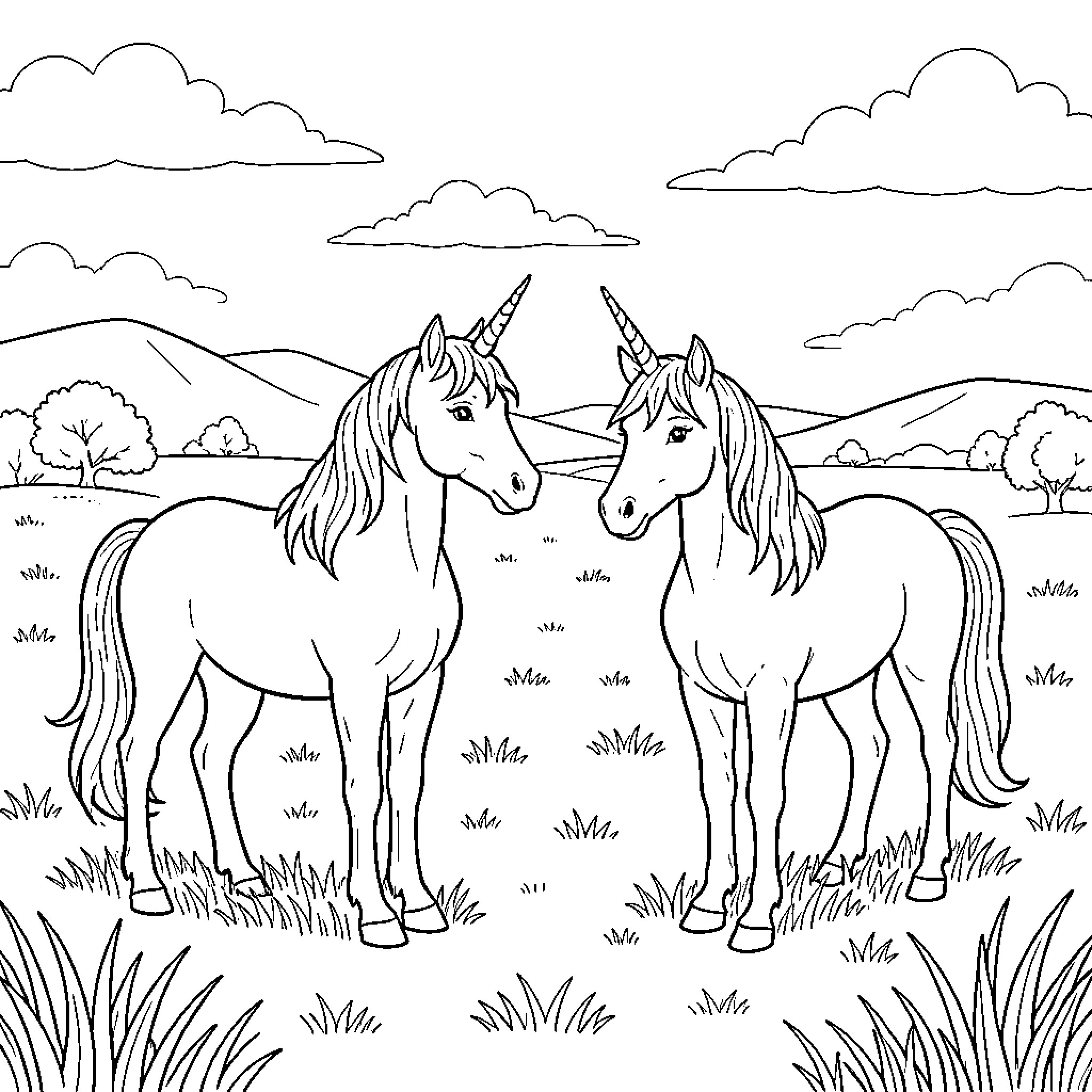 Unicorns standing together in a peaceful landscape Coloring Page (free black-and-white line drawing printable PDF for all, from beginners to advanced learners, including children, teens, adults, and seniors)