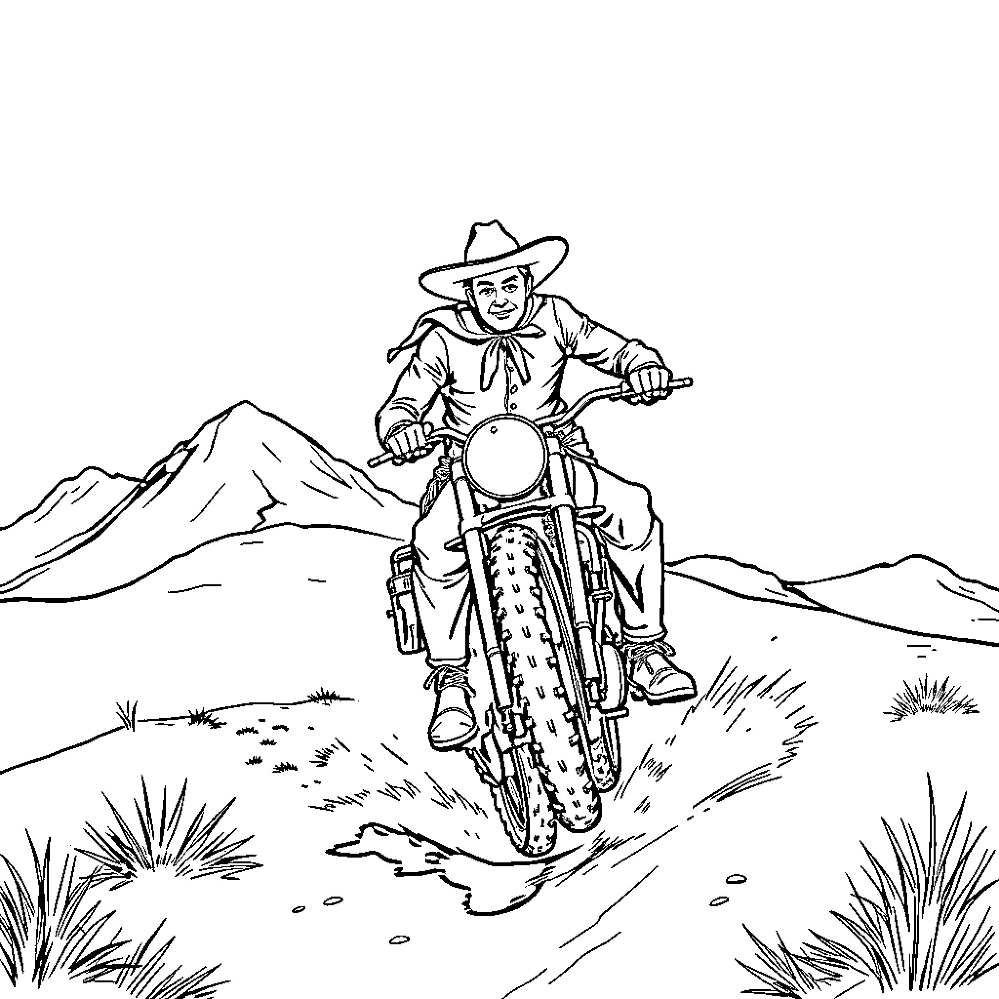 Lone Ranger riding his motorcycle on the open road Coloring Page (free black-and-white line drawing printable PDF for all, from beginners to advanced learners, including children, teens, adults, and seniors)