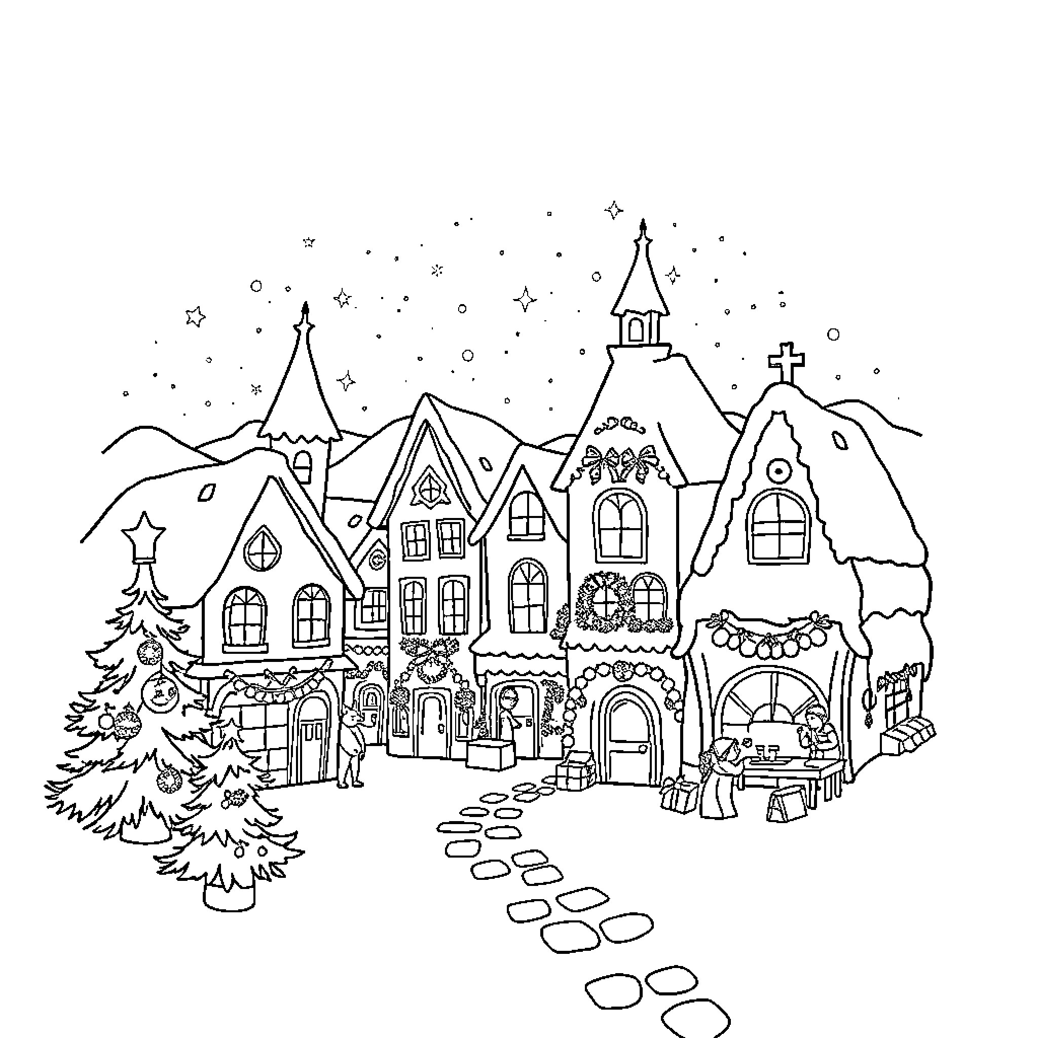 Village of Whimsical Cottages and Snowy Landscapes Coloring Page (free black-and-white line drawing printable PDF for all, from beginners to advanced learners, including children, teens, adults, and seniors)
