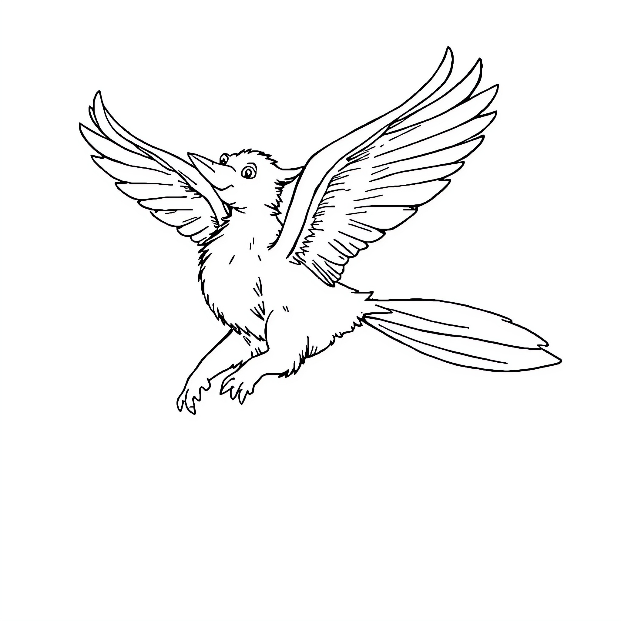 Flying Dog with Outstretched Wings Coloring Page (free black-and-white line drawing printable PDF for all, from beginners to advanced learners, including children, teens, adults, and seniors)