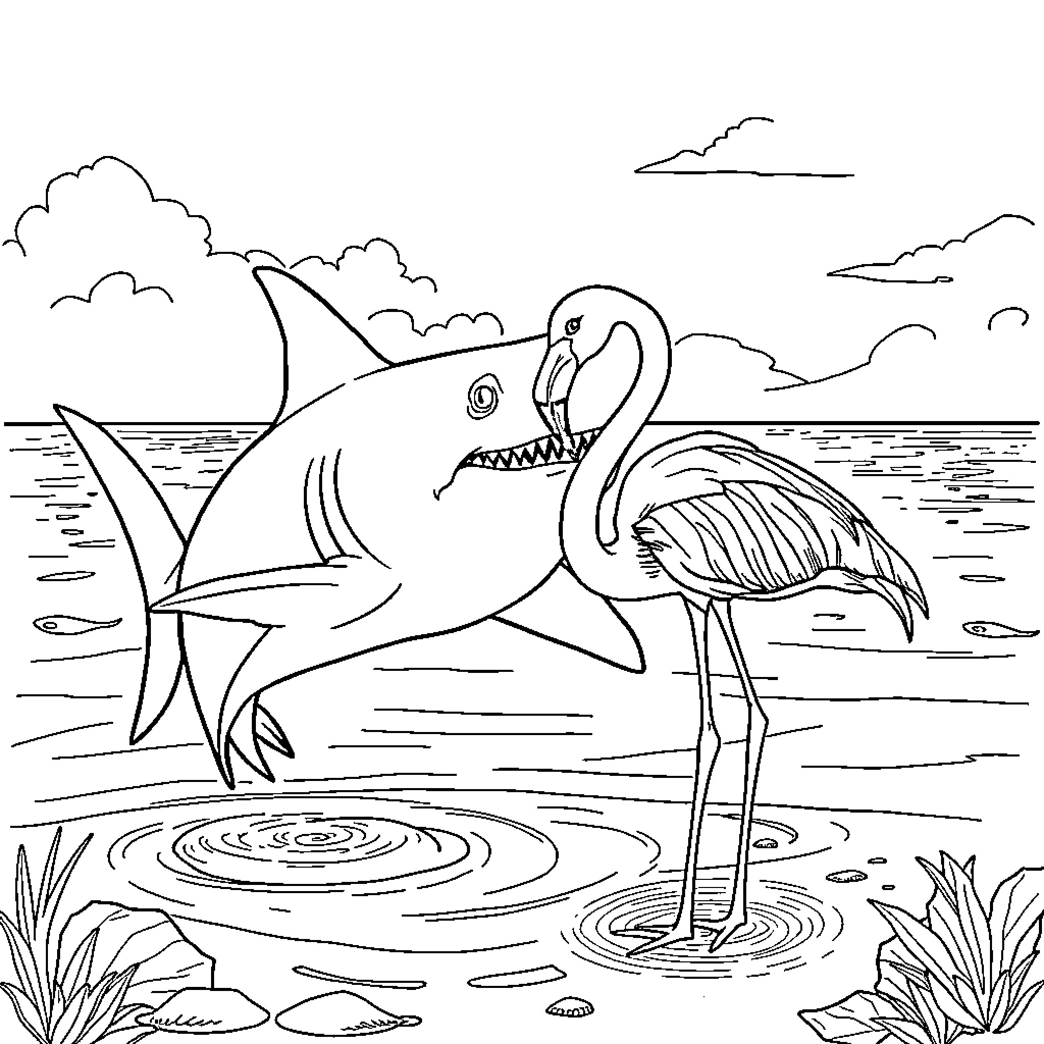Shark and flamingo in coastal scene Coloring Page (free black-and-white line drawing printable PDF for all, from beginners to advanced learners, including children, teens, adults, and seniors)