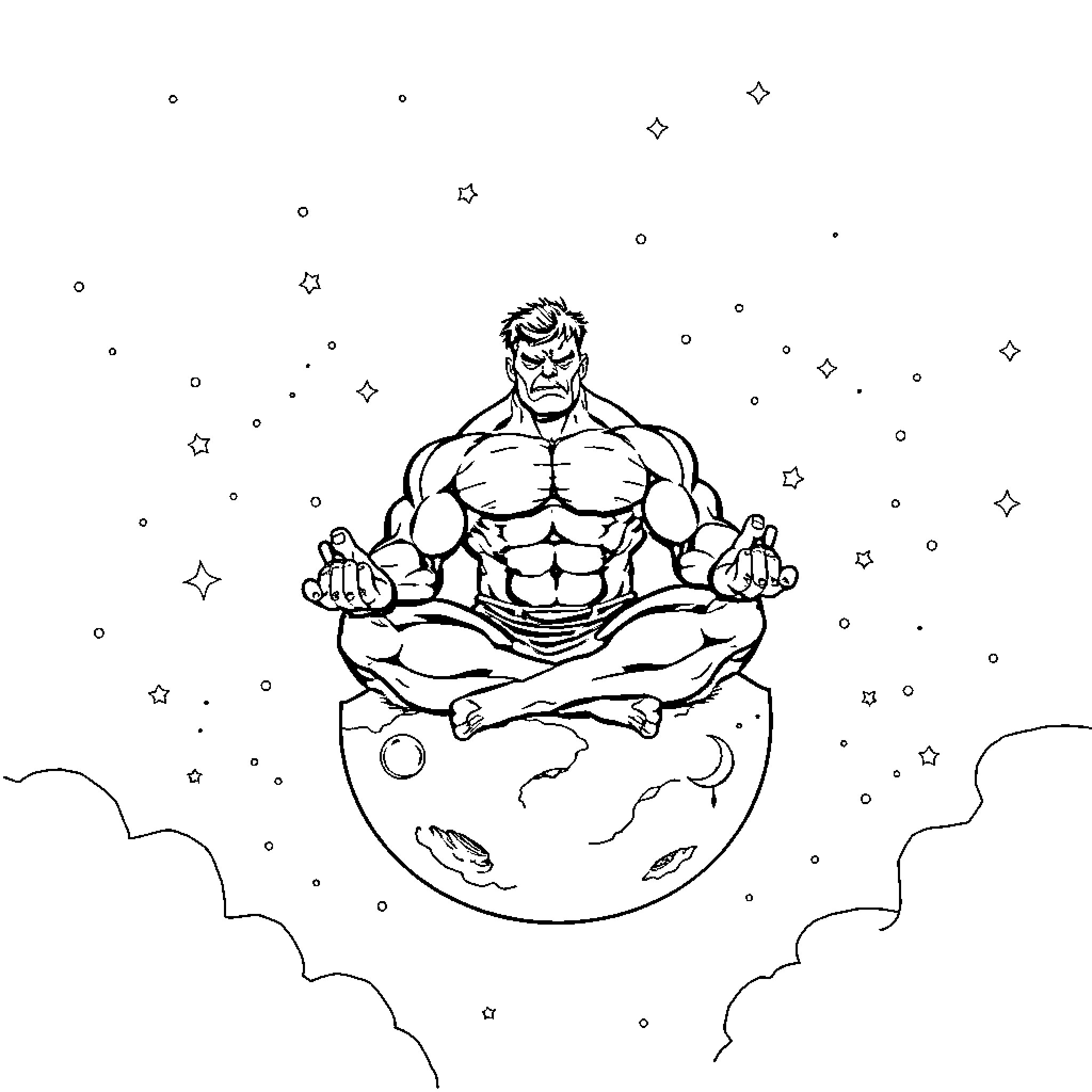 Hulk meditating peacefully on the Earth Coloring Page (free black-and-white line drawing printable PDF for all, from beginners to advanced learners, including children, teens, adults, and seniors)