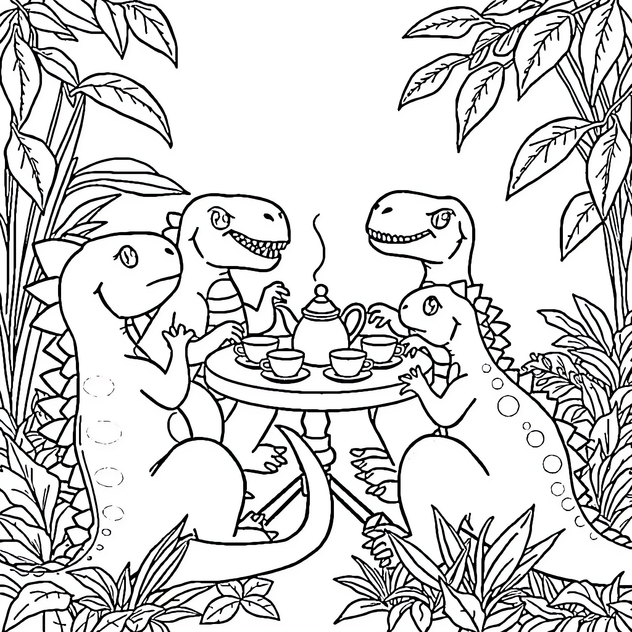 Dinosaurs Enjoying a Tea Party in the Jungle Coloring Page (free black-and-white line drawing printable PDF for all, from beginners to advanced learners, including children, teens, adults, and seniors)