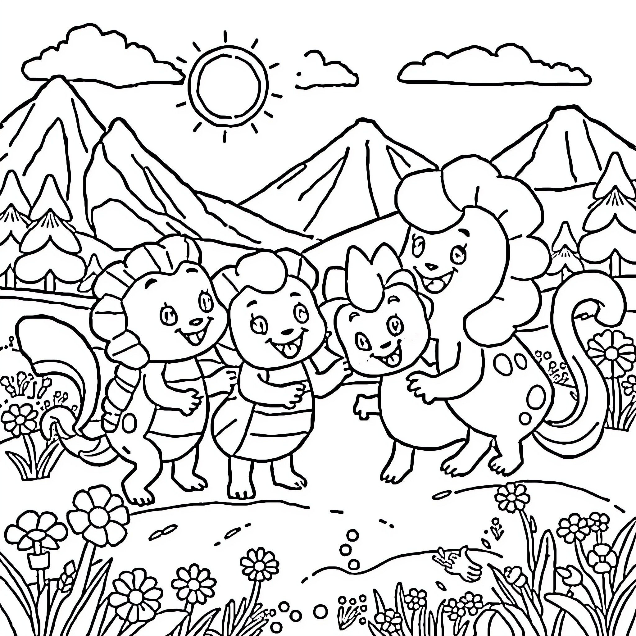 Wonderoo Friendly Animals Explore Nature Scenery Coloring Page (free black-and-white line drawing printable PDF for all, from beginners to advanced learners, including children, teens, adults, and seniors)