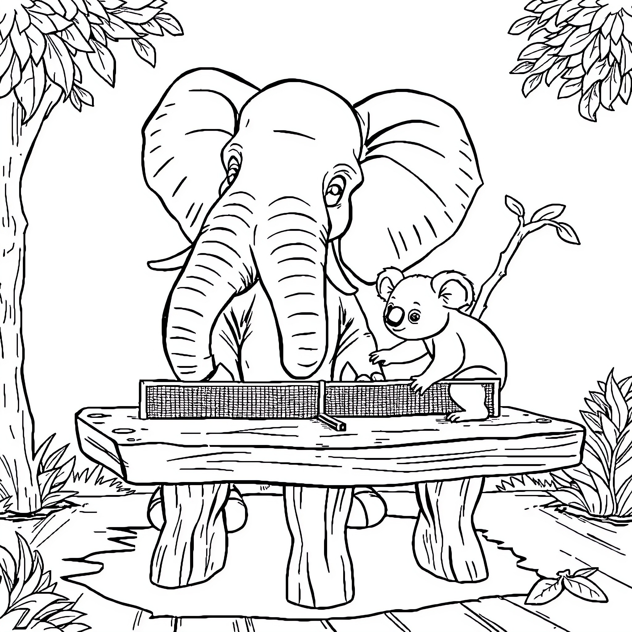 Elephant and its baby in a natural setting Coloring Page (free black-and-white line drawing printable PDF for all, from beginners to advanced learners, including children, teens, adults, and seniors)