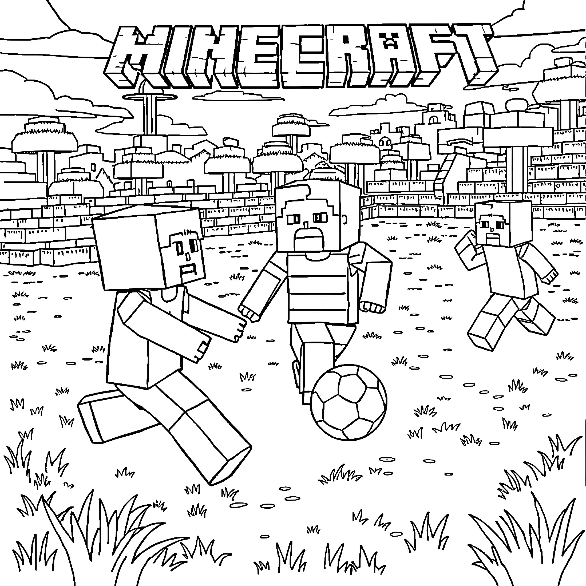 Minecraft Character playing soccer in the city Coloring Page (free black-and-white line drawing printable PDF for all, from beginners to advanced learners, including children, teens, adults, and seniors)
