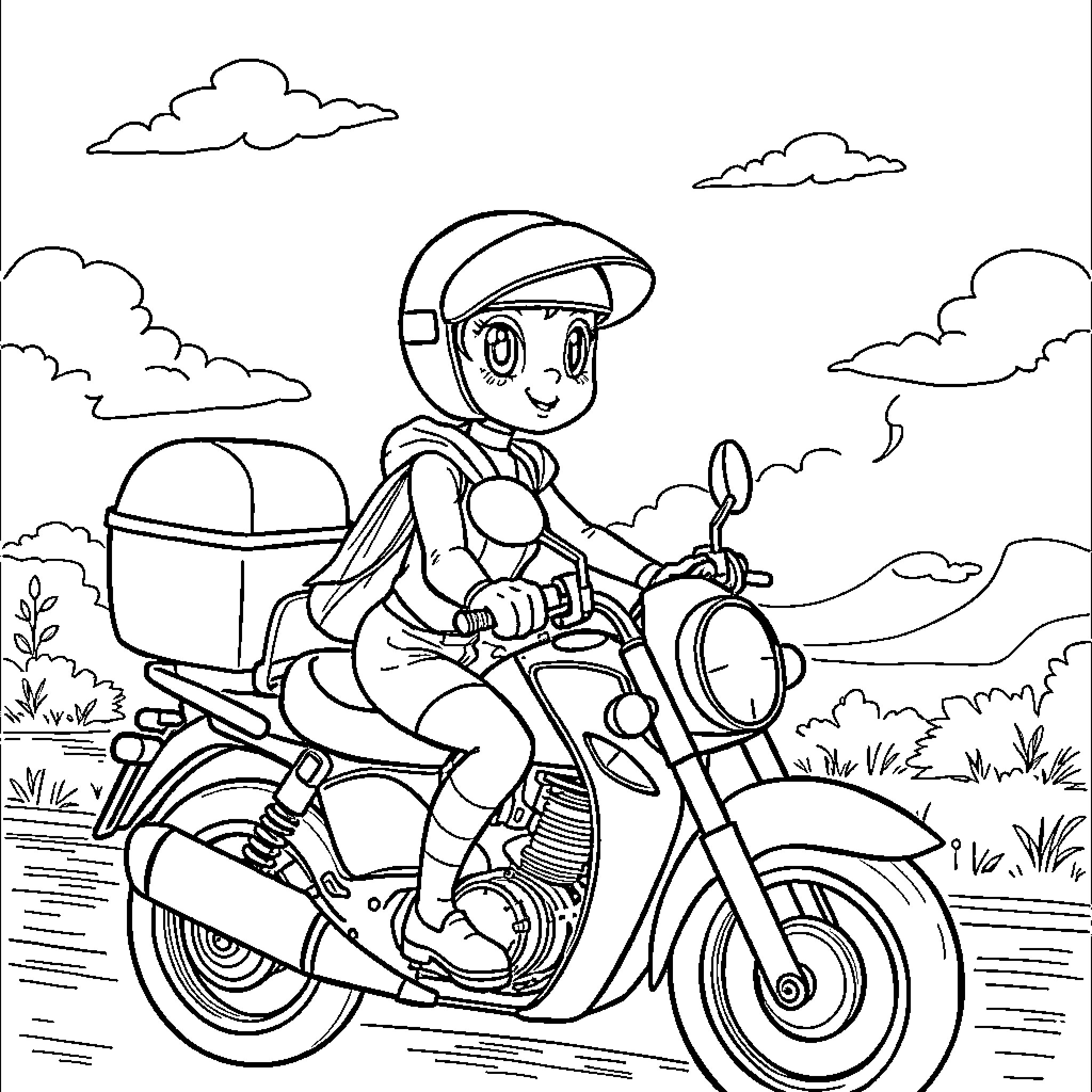 Mermaid riding a motorcycle through the countryside Coloring Page (free black-and-white line drawing printable PDF for all, from beginners to advanced learners, including children, teens, adults, and seniors)