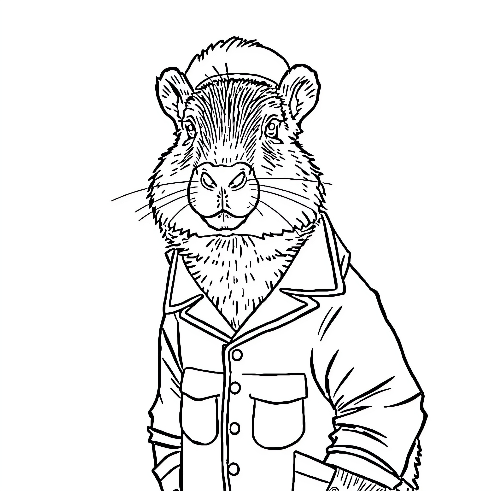 Capybara dressed in a stylish outfit Coloring Page (free black-and-white line drawing printable PDF for all, from beginners to advanced learners, including children, teens, adults, and seniors)