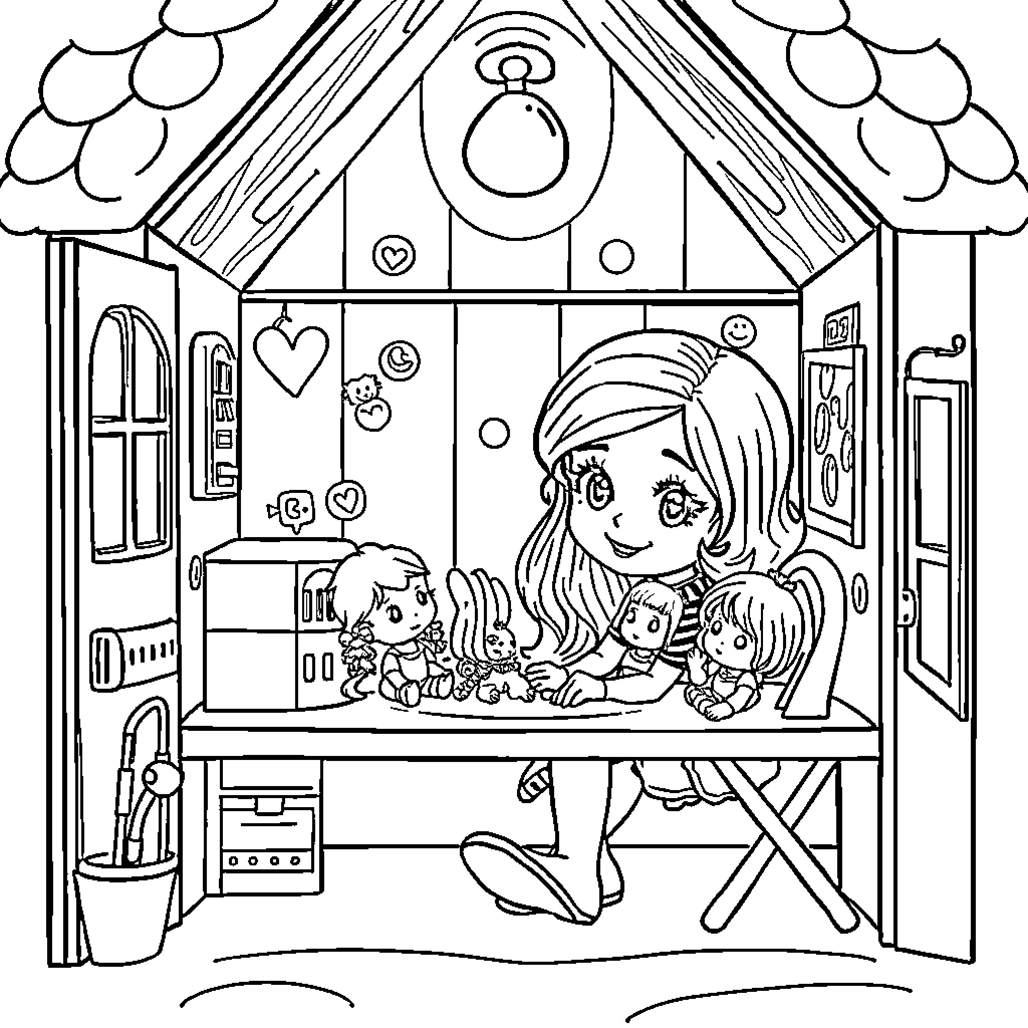 Gabby's Cozy Playhouse with Toys and Friends Coloring Page (free black-and-white line drawing printable PDF for all, from beginners to advanced learners, including children, teens, adults, and seniors)