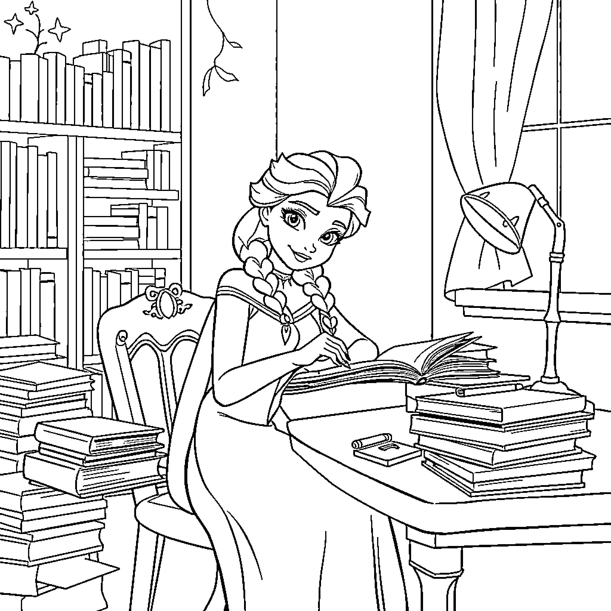 Elsa reading books in a cozy library Coloring Page (free black-and-white line drawing printable PDF for all, from beginners to advanced learners, including children, teens, adults, and seniors)