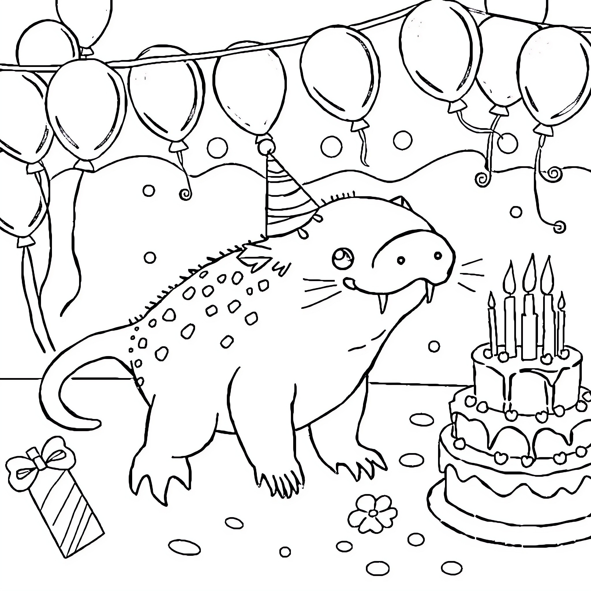 Axolotl Celebrating Birthday with Balloons and Cake Coloring Page (free black-and-white line drawing printable PDF for all, from beginners to advanced learners, including children, teens, adults, and seniors)
