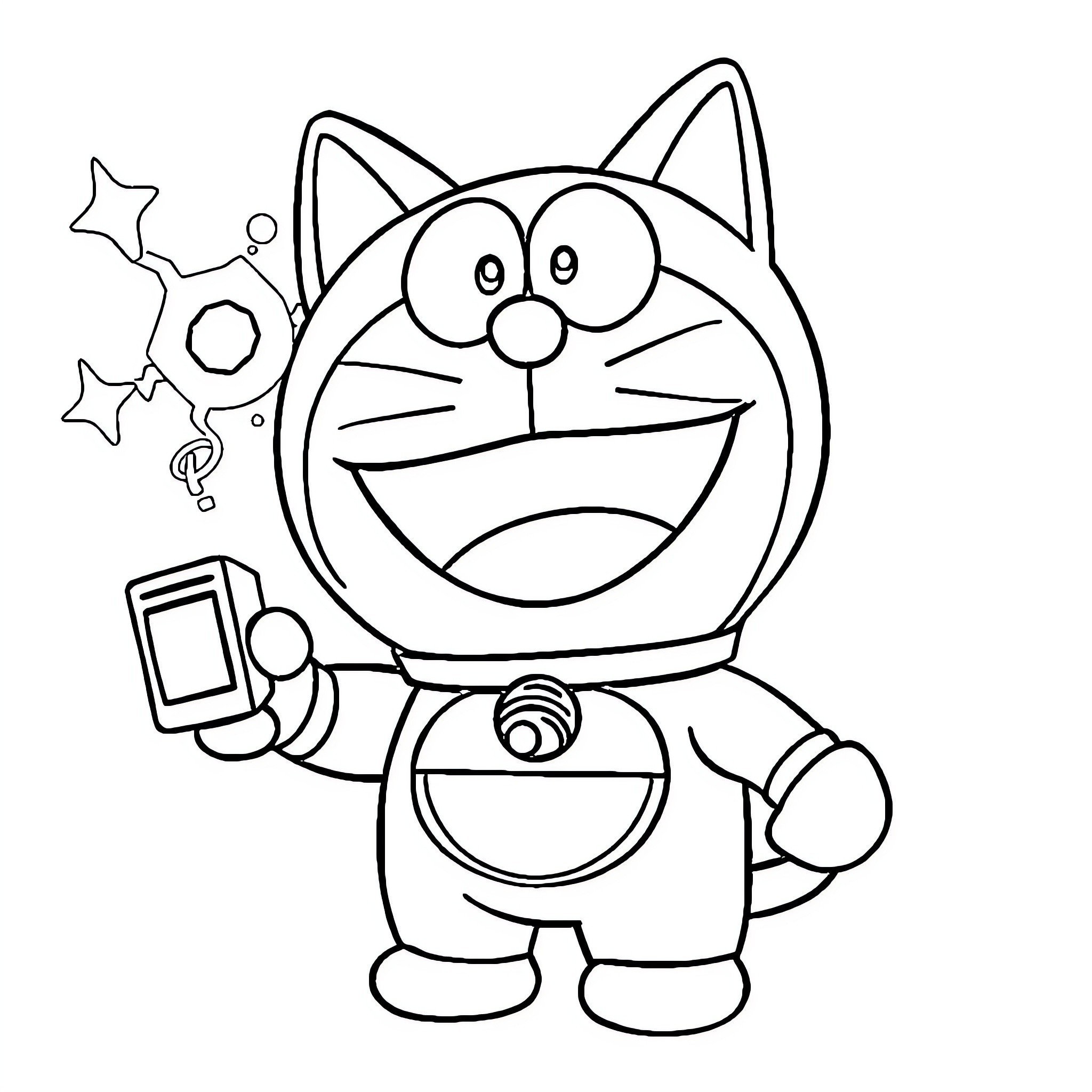 Doraemon playing with futuristic gadgets Coloring Page (free black-and-white line drawing printable PDF for all, from beginners to advanced learners, including children, teens, adults, and seniors)