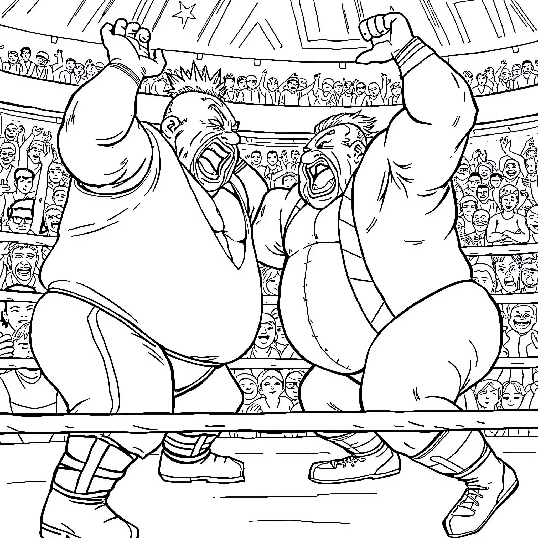 Rikishi wrestlers engaged in an intense match Coloring Page (free black-and-white line drawing printable PDF for all, from beginners to advanced learners, including children, teens, adults, and seniors)