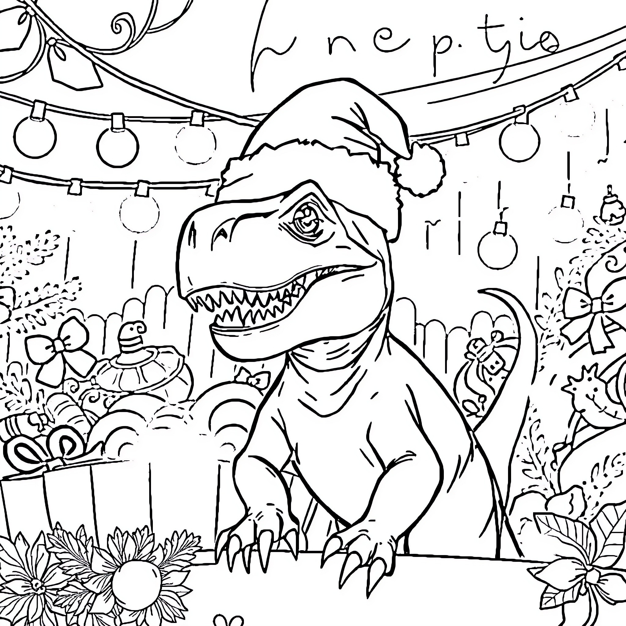 T-Rex celebrating the holidays in a festive scene Coloring Page (free black-and-white line drawing printable PDF for all, from beginners to advanced learners, including children, teens, adults, and seniors)