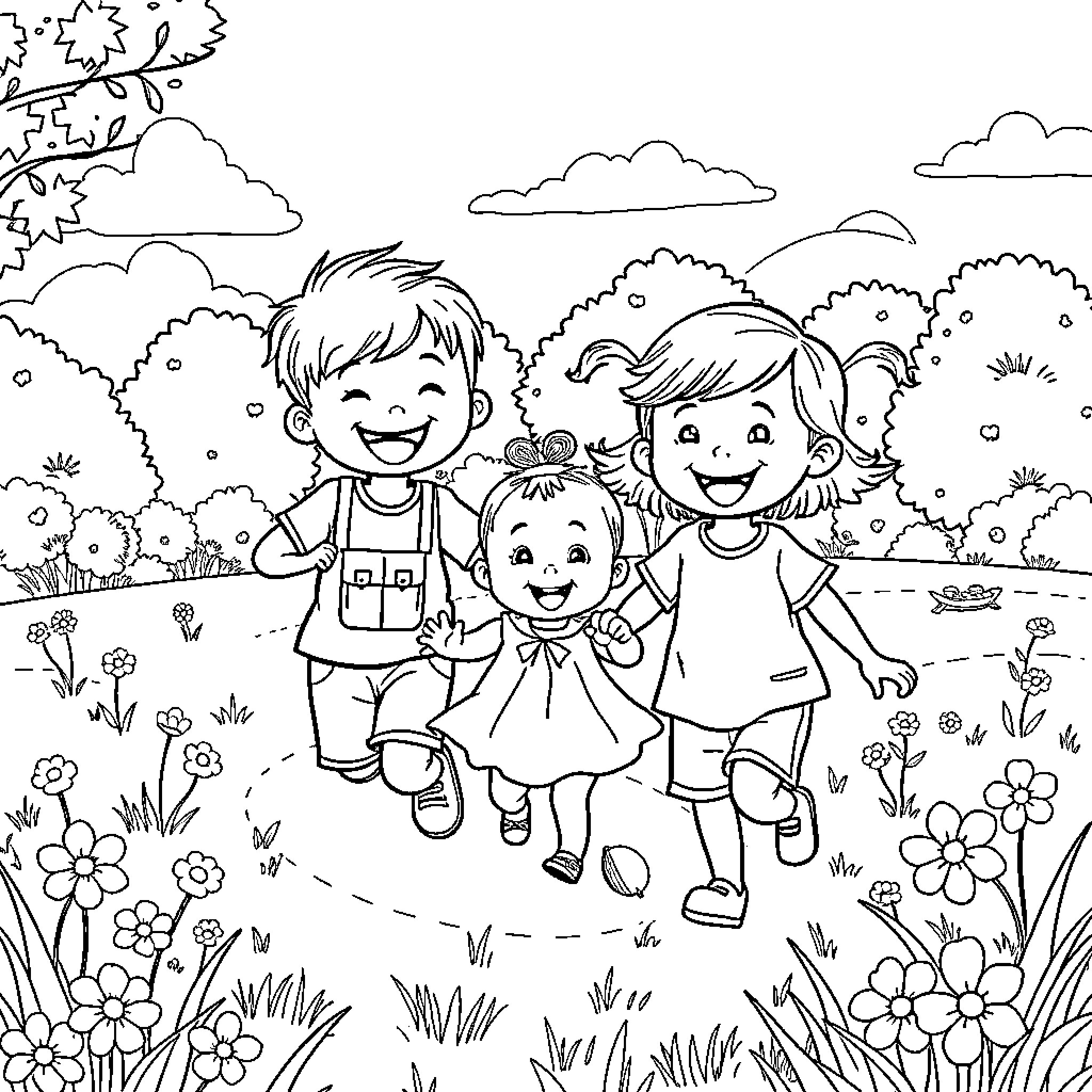 Child siblings playing in nature's garden Coloring Page (free black-and-white line drawing printable PDF for all, from beginners to advanced learners, including children, teens, adults, and seniors)