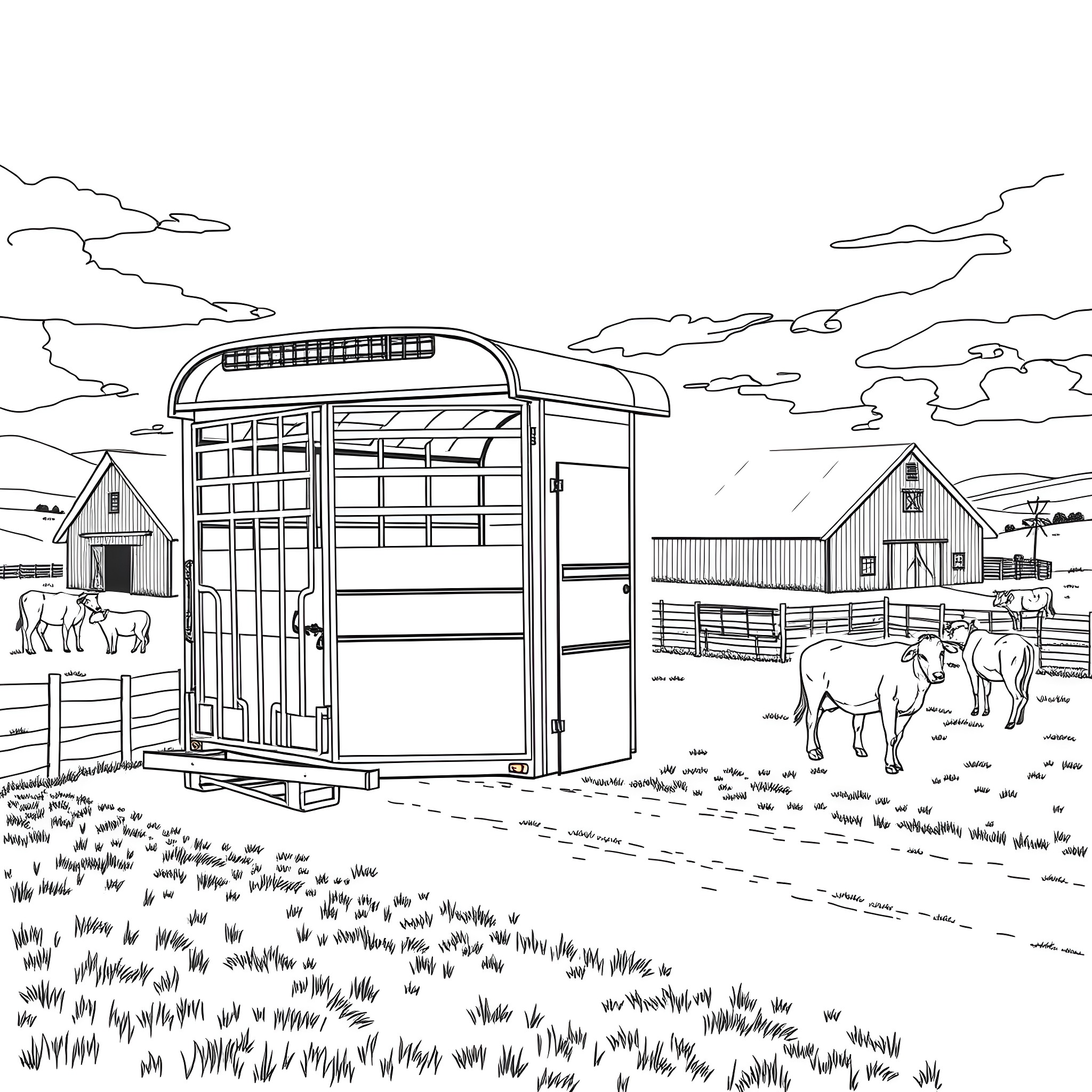 Livestock Trailer Transporting Animals on a Farm Coloring Page (free black-and-white line drawing printable PDF for all, from beginners to advanced learners, including children, teens, adults, and seniors)