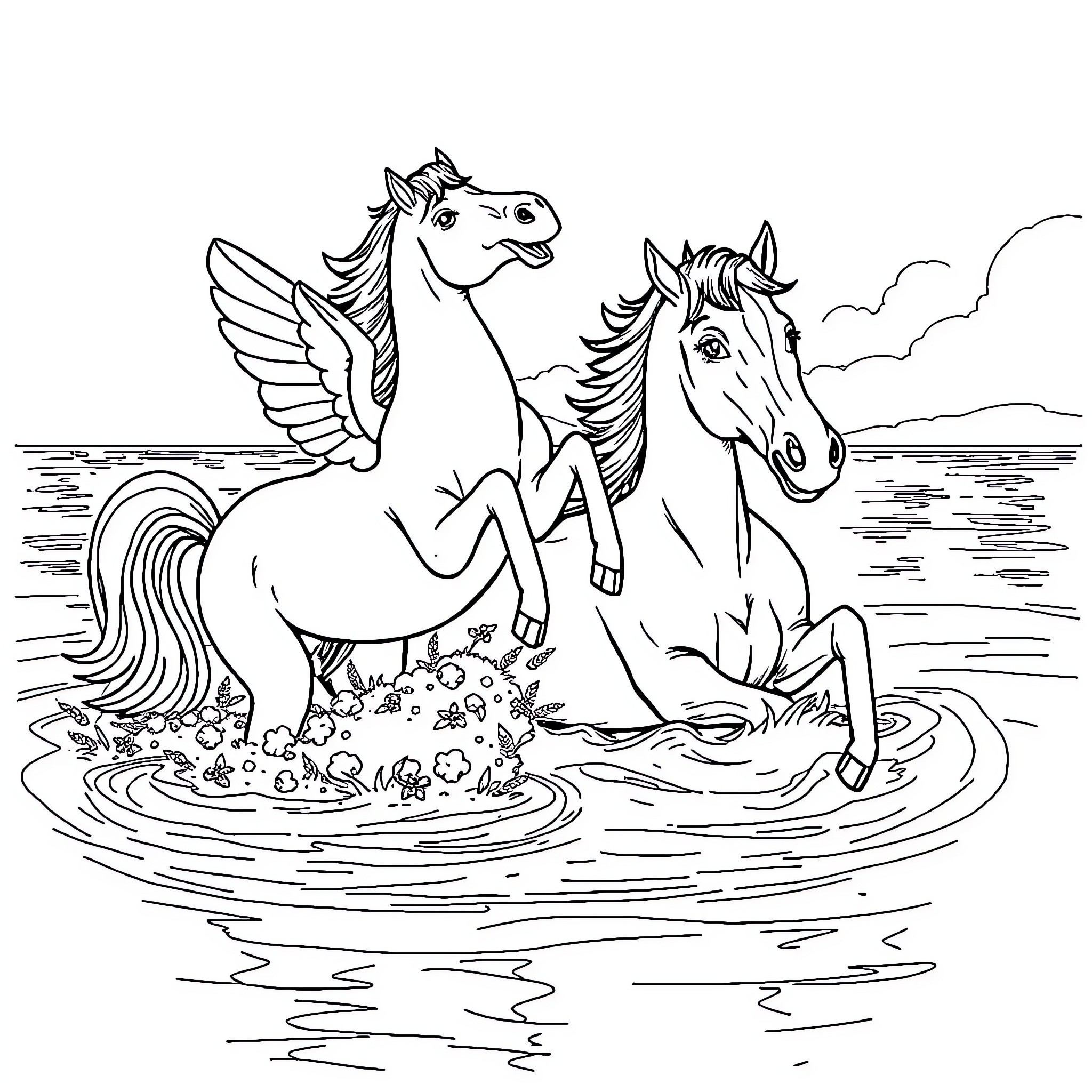 Hippocampe: Magical Horses Playing in the Water Coloring Page (free black-and-white line drawing printable PDF for all, from beginners to advanced learners, including children, teens, adults, and seniors)