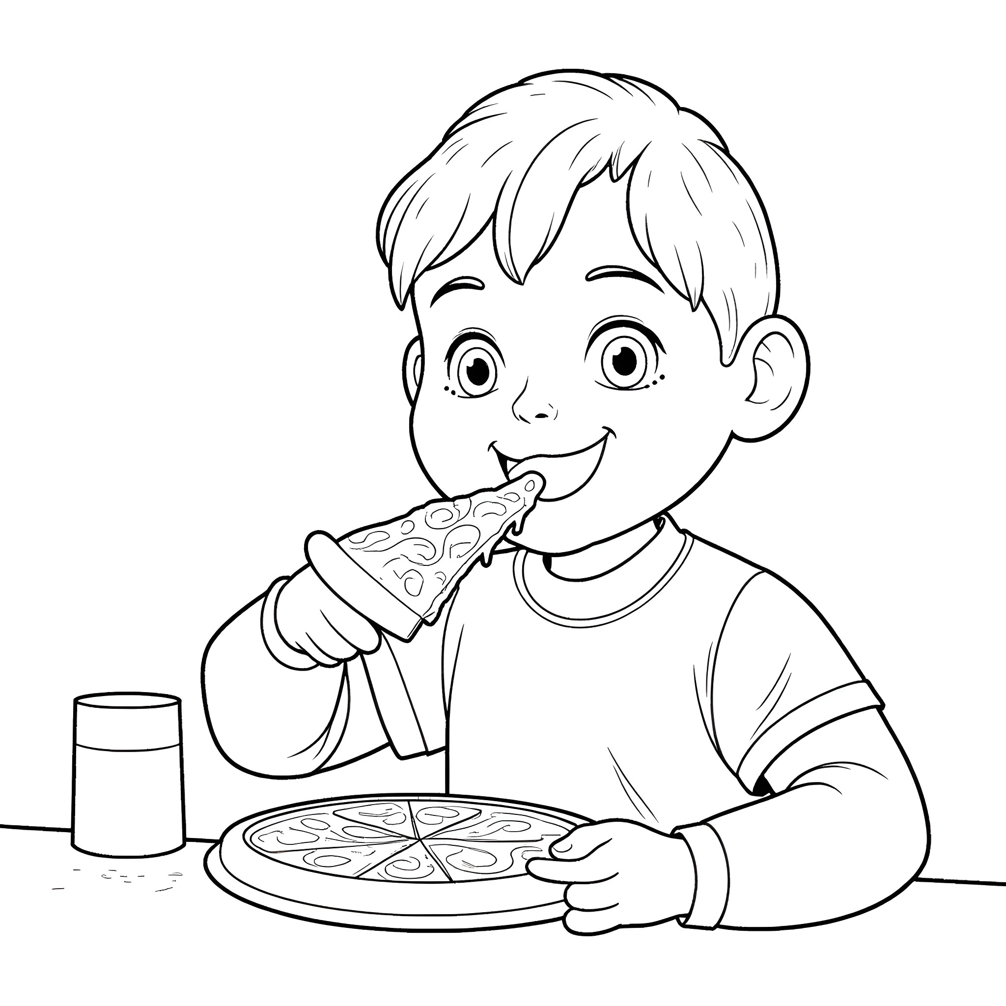 Boy enjoying a delicious pizza meal Coloring Page (free black-and-white line drawing printable PDF for all, from beginners to advanced learners, including children, teens, adults, and seniors)