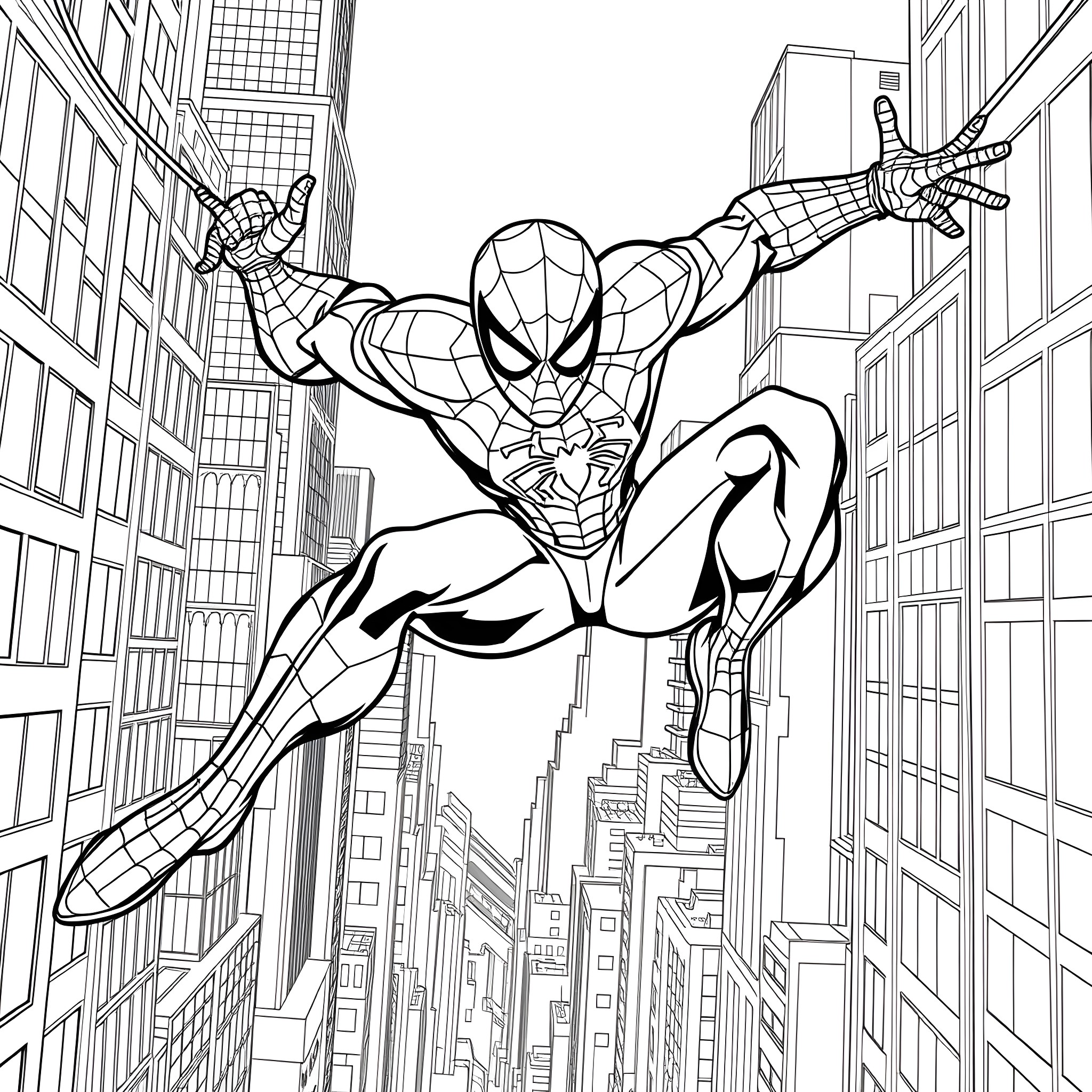 Spider-Man swinging through the city skyline Coloring Page (free black-and-white line drawing printable PDF for all, from beginners to advanced learners, including children, teens, adults, and seniors)
