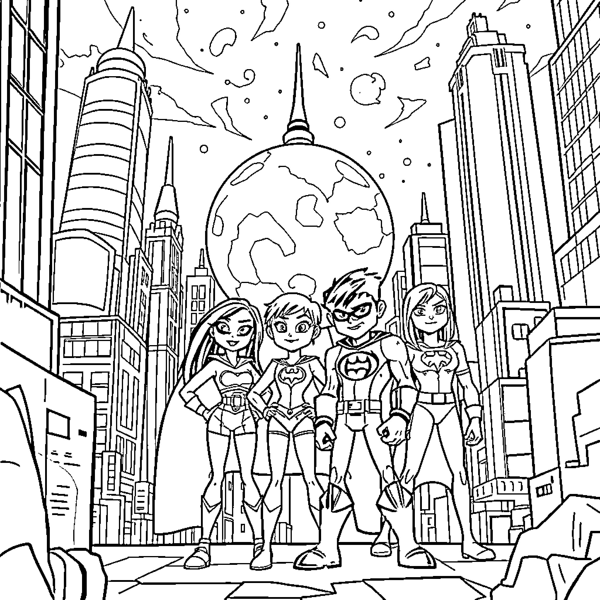 Teen Titans Taking Action in the City Coloring Page (free black-and-white line drawing printable PDF for all, from beginners to advanced learners, including children, teens, adults, and seniors)